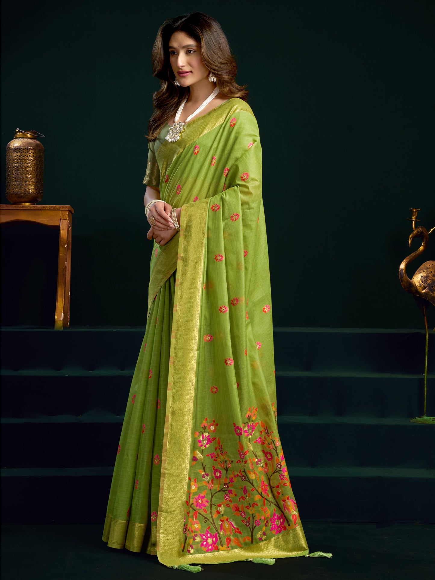 Fantastic Green Floral Embroidered Cotton Mehndi Wear Saree