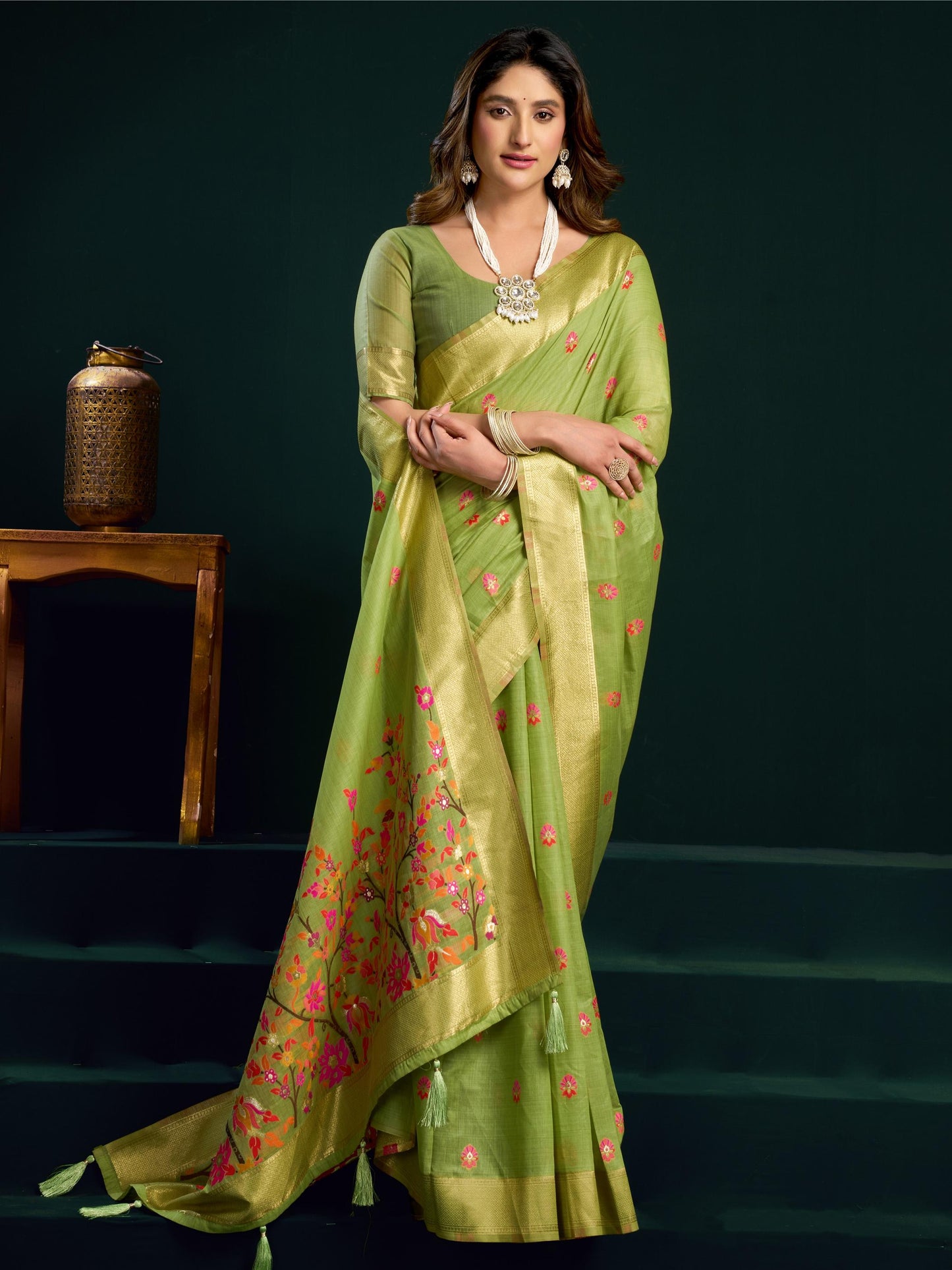 Fantastic Green Floral Embroidered Cotton Mehndi Wear Saree