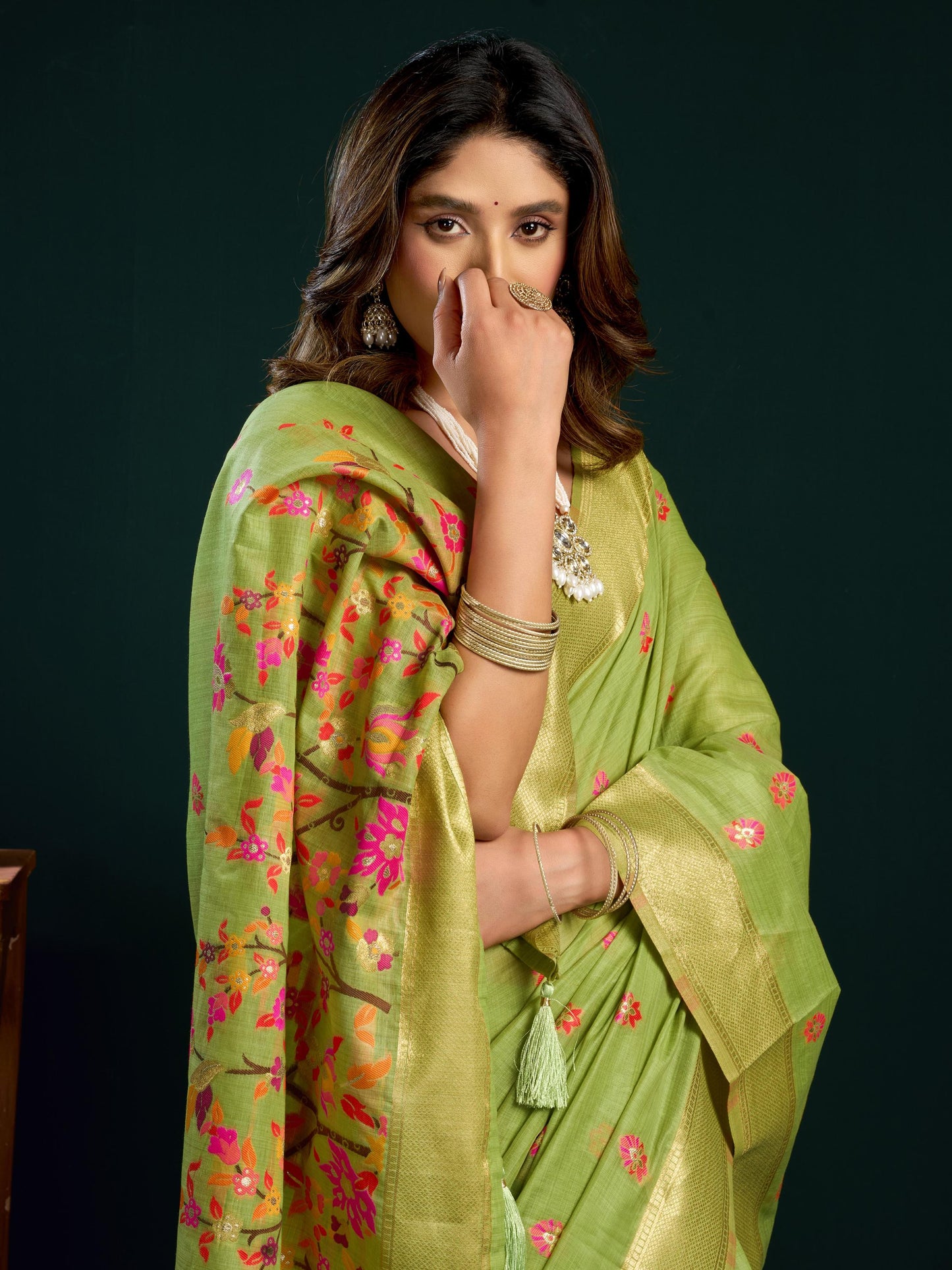 Fantastic Green Floral Embroidered Cotton Mehndi Wear Saree