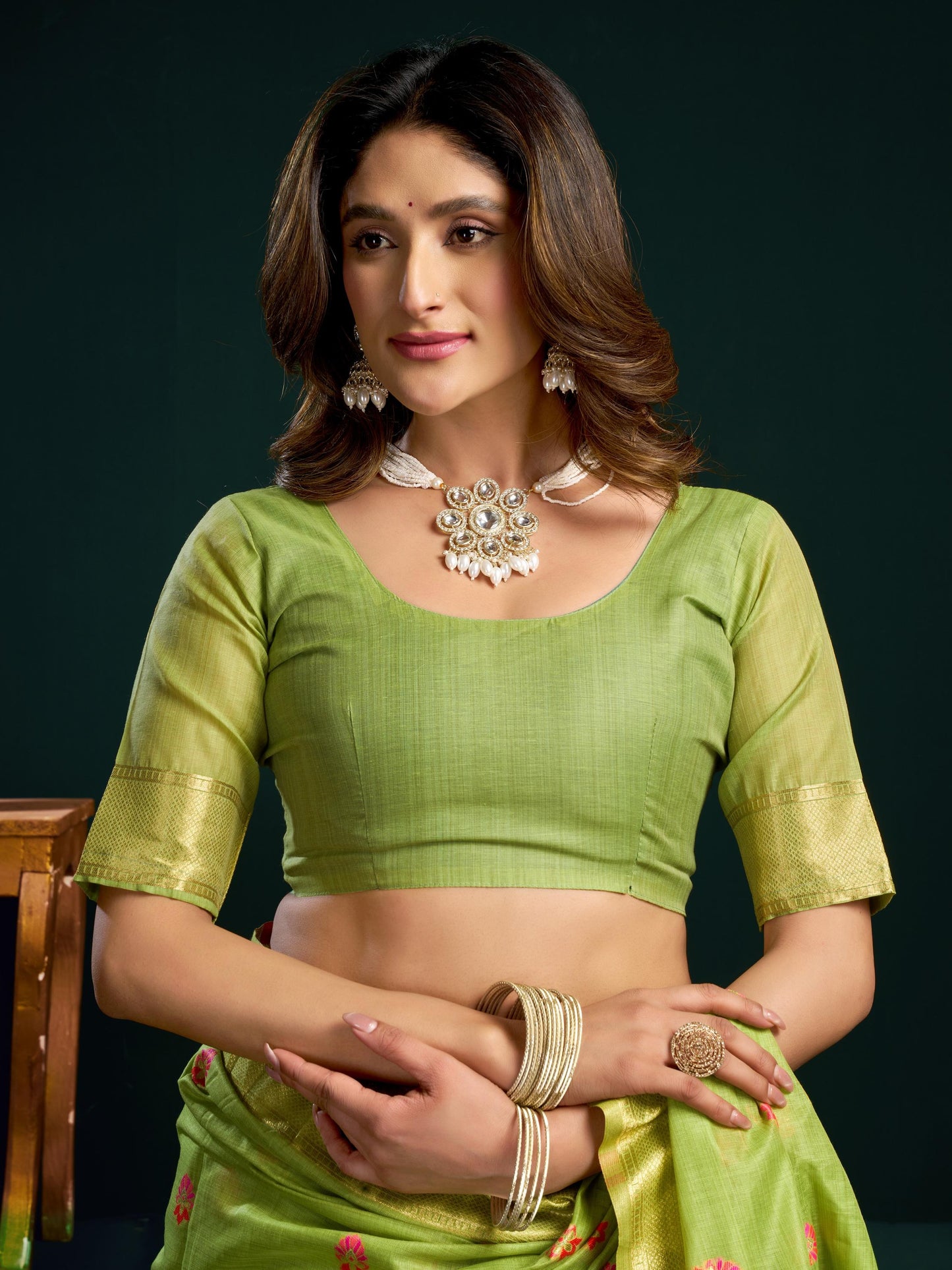 Fantastic Green Floral Embroidered Cotton Mehndi Wear Saree