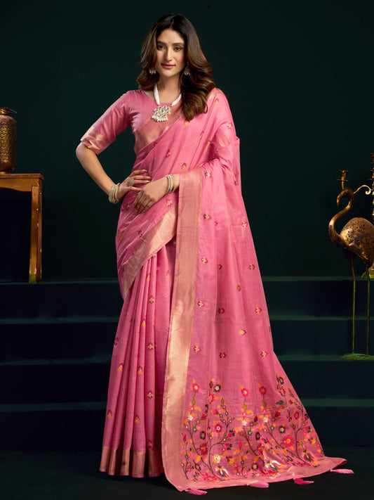 Awesome Pink Floral Embroidered Cotton Fuction Saree