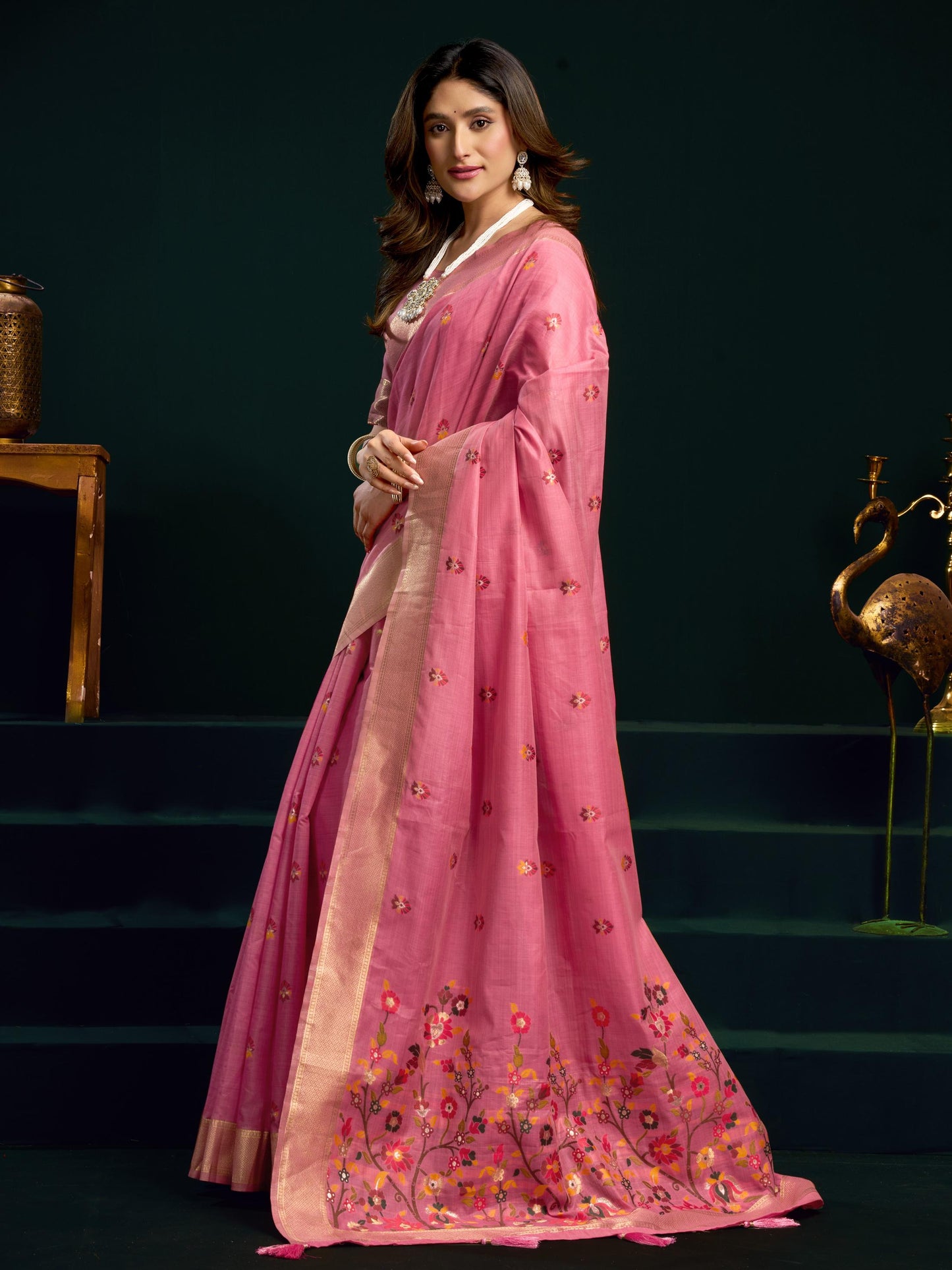 Awesome Pink Floral Embroidered Cotton Fuction Saree