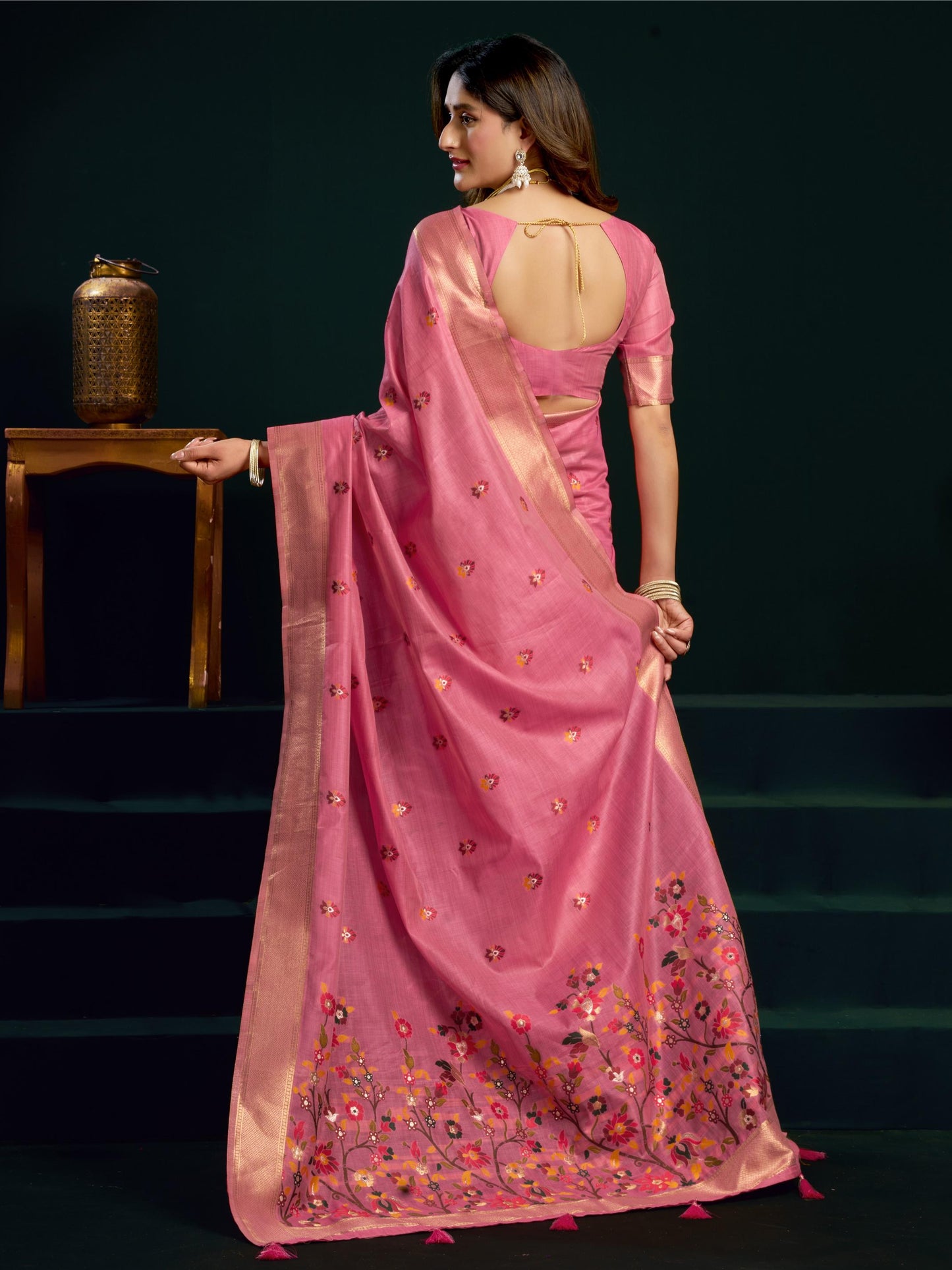 Awesome Pink Floral Embroidered Cotton Fuction Saree