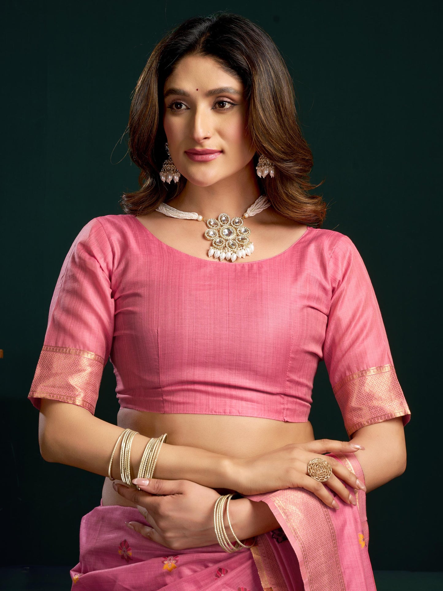 Awesome Pink Floral Embroidered Cotton Fuction Saree