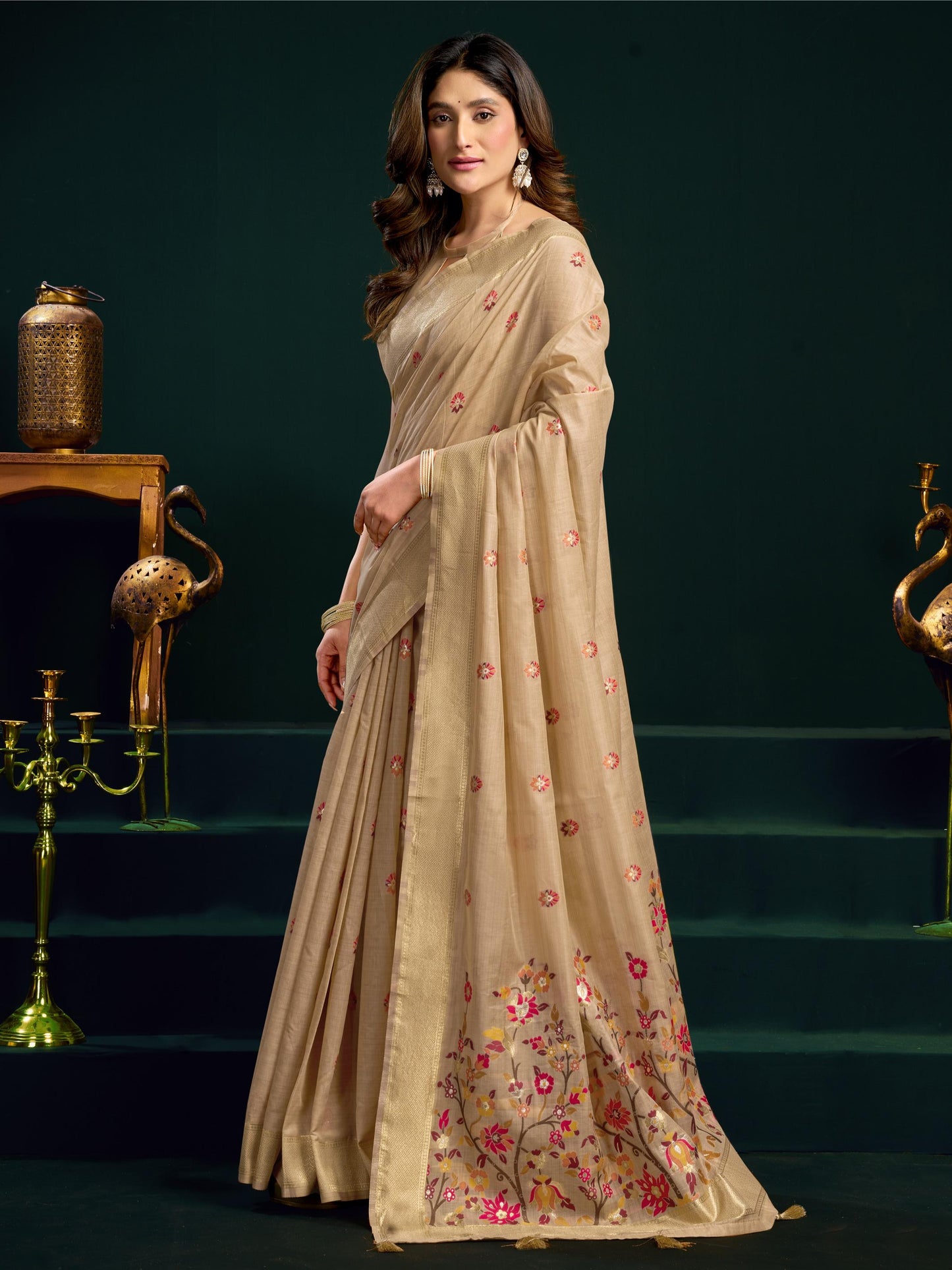 Gorgeous Beige Floral Embroidered Cotton Sangeet Saree