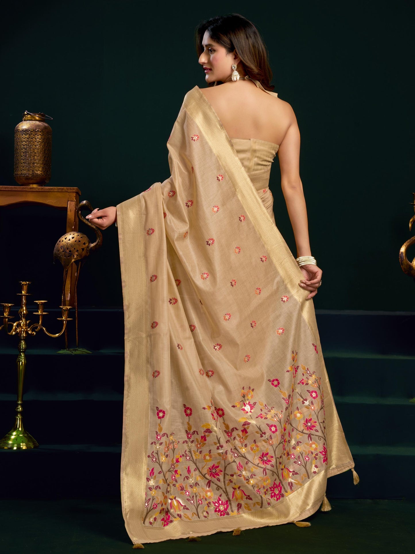 Gorgeous Beige Floral Embroidered Cotton Sangeet Saree