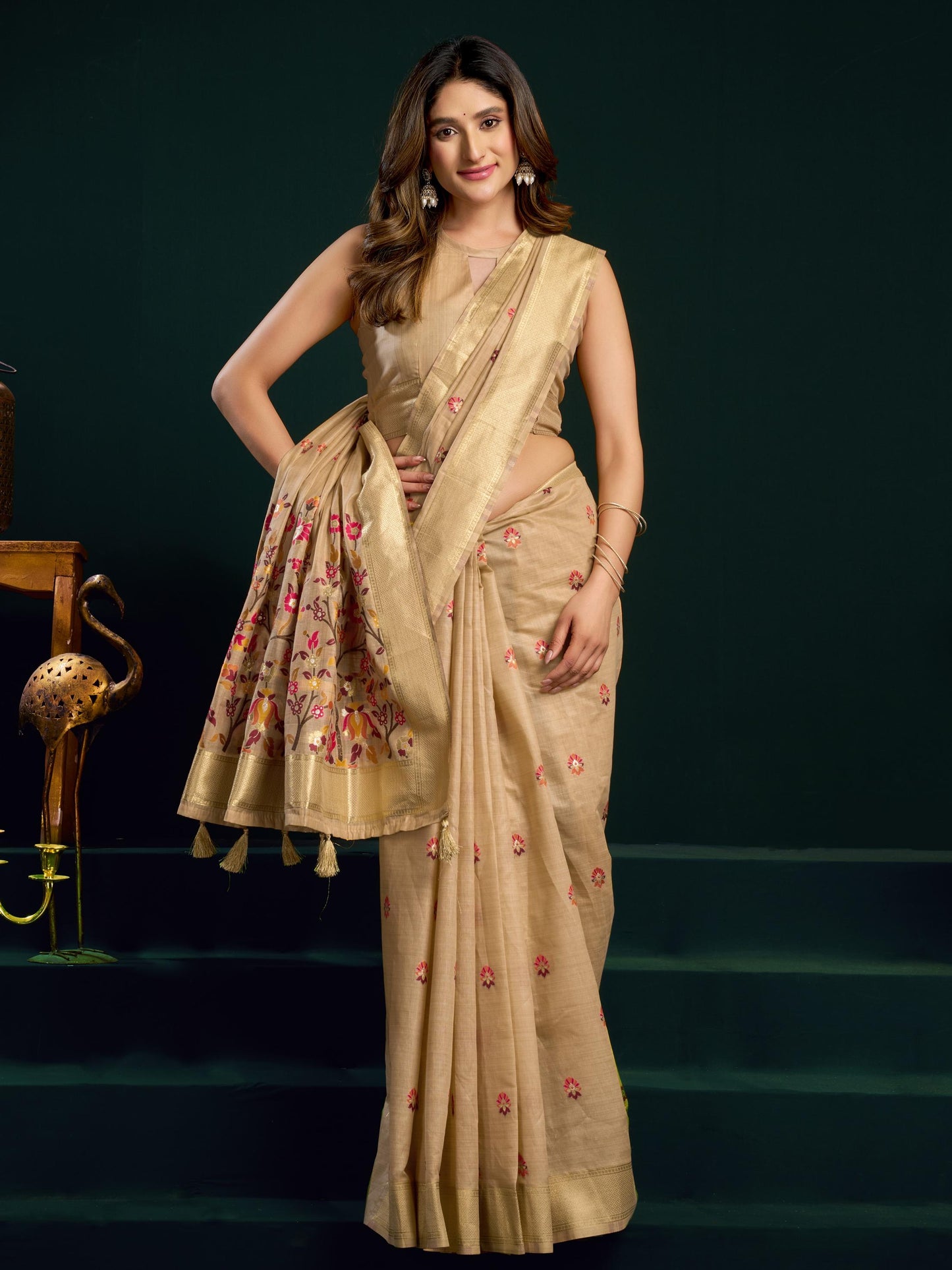 Gorgeous Beige Floral Embroidered Cotton Sangeet Saree