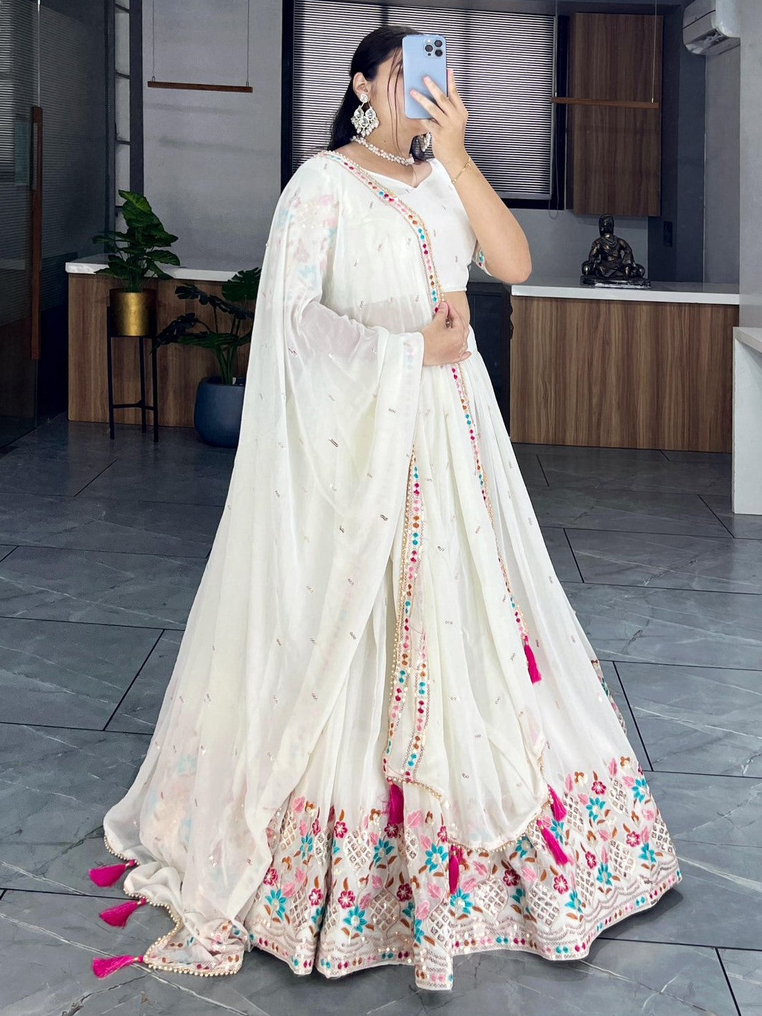 Attractive Off-White Sequins Work Georgette Lehenga Choli