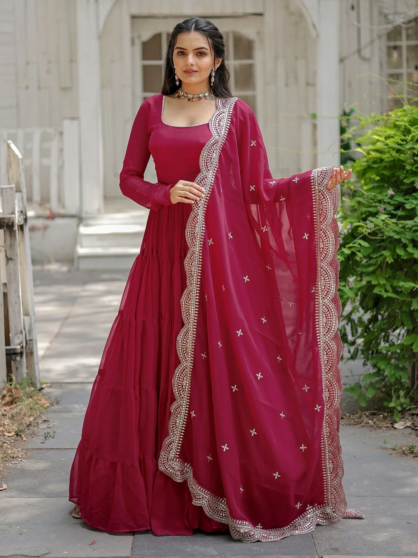 Marvelous Pink Georgette Reception Wear Plain Gown