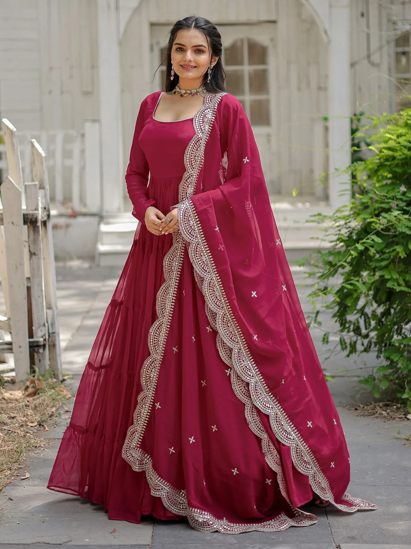 Marvelous Pink Georgette Reception Wear Plain Gown