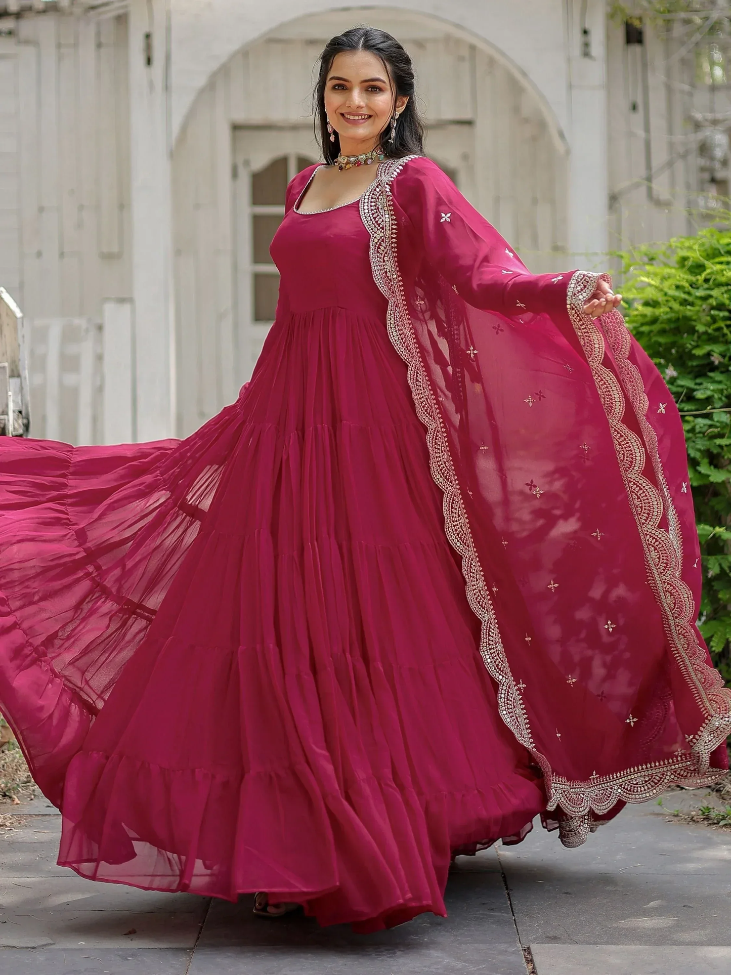 Marvelous Pink Georgette Reception Wear Plain Gown
