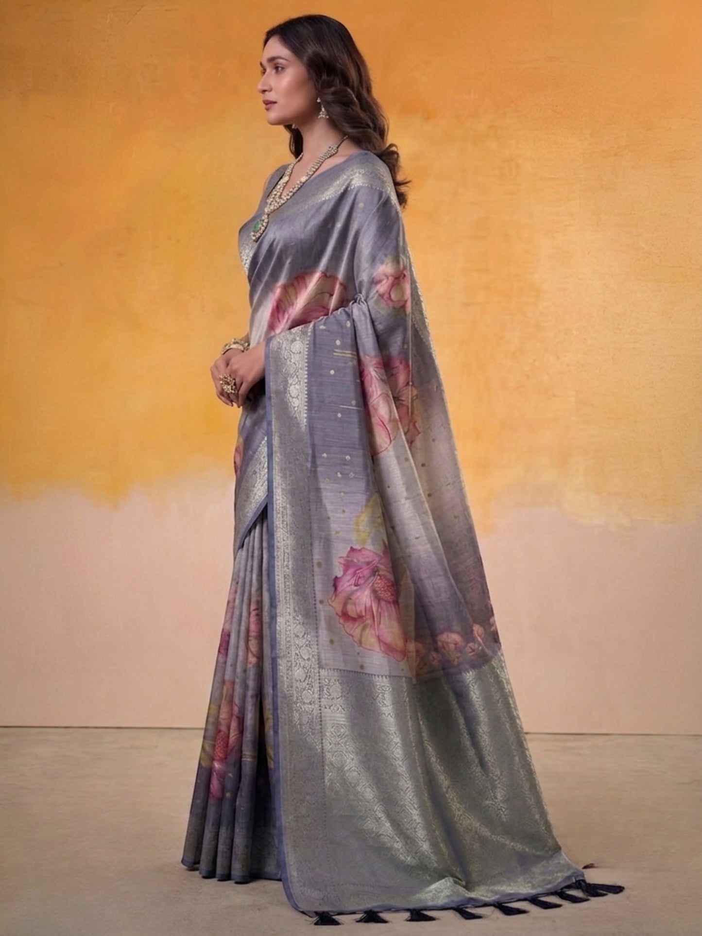 Spectacular Blue Zari Weaving Tissue Silk Saree
