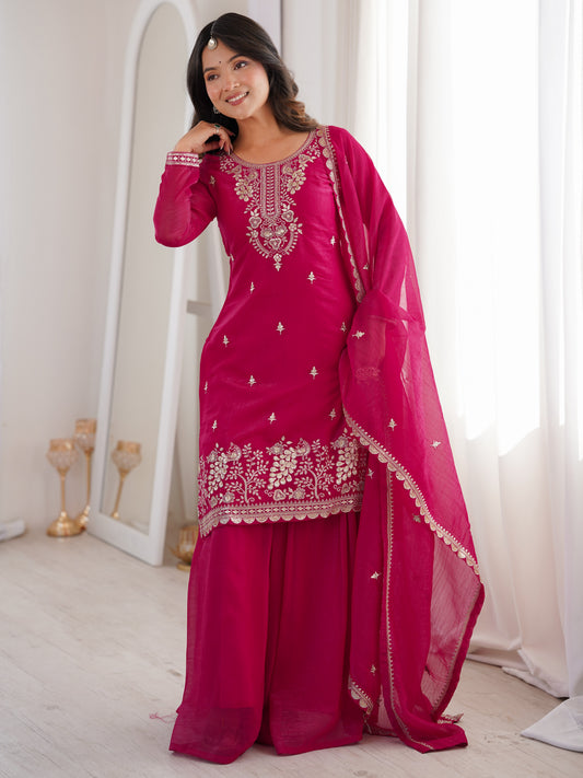 Wonderful Pink Zari Work Silk Reception Palazzo Suit