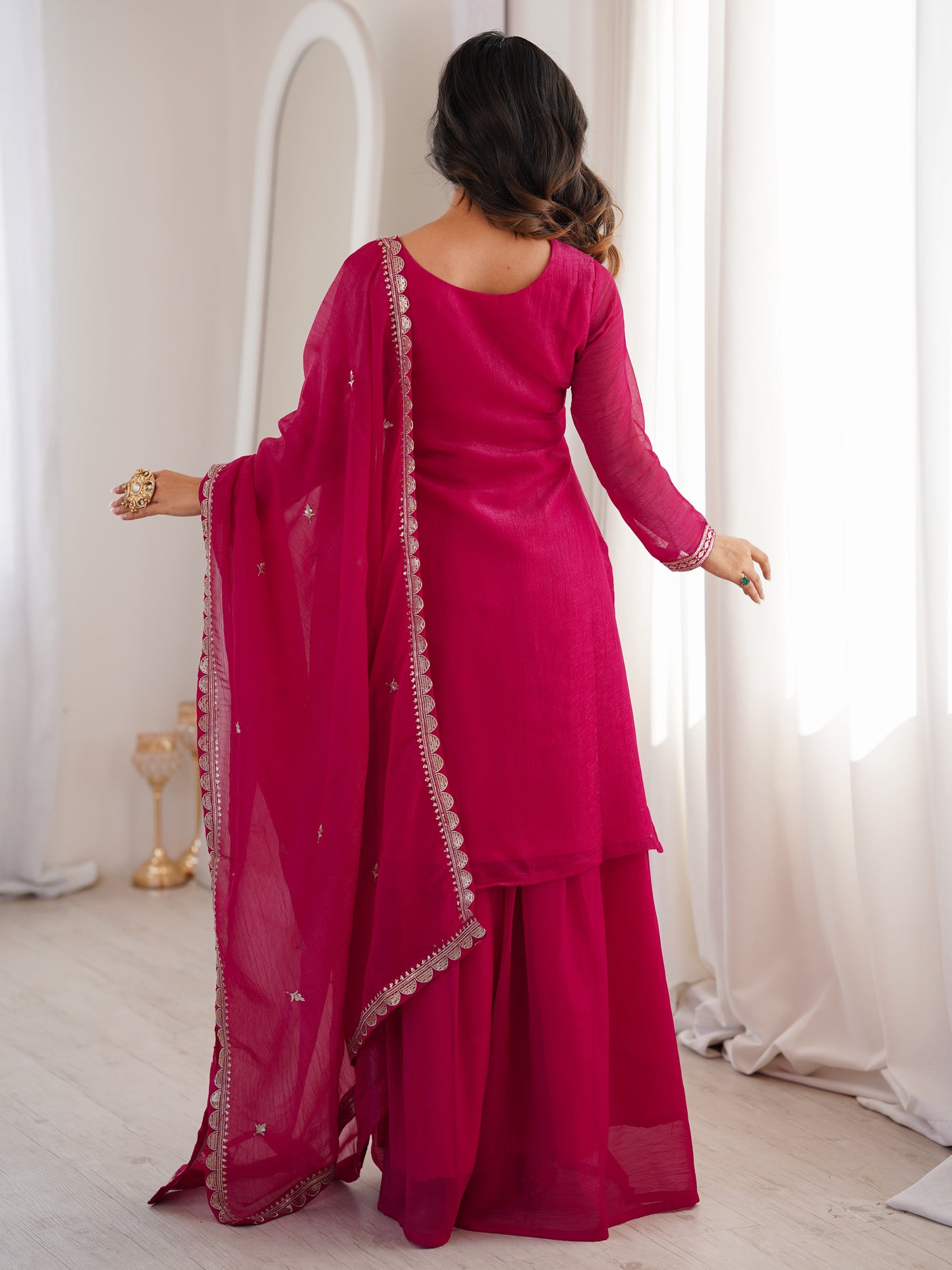Wonderful Pink Zari Work Silk Reception Palazzo Suit