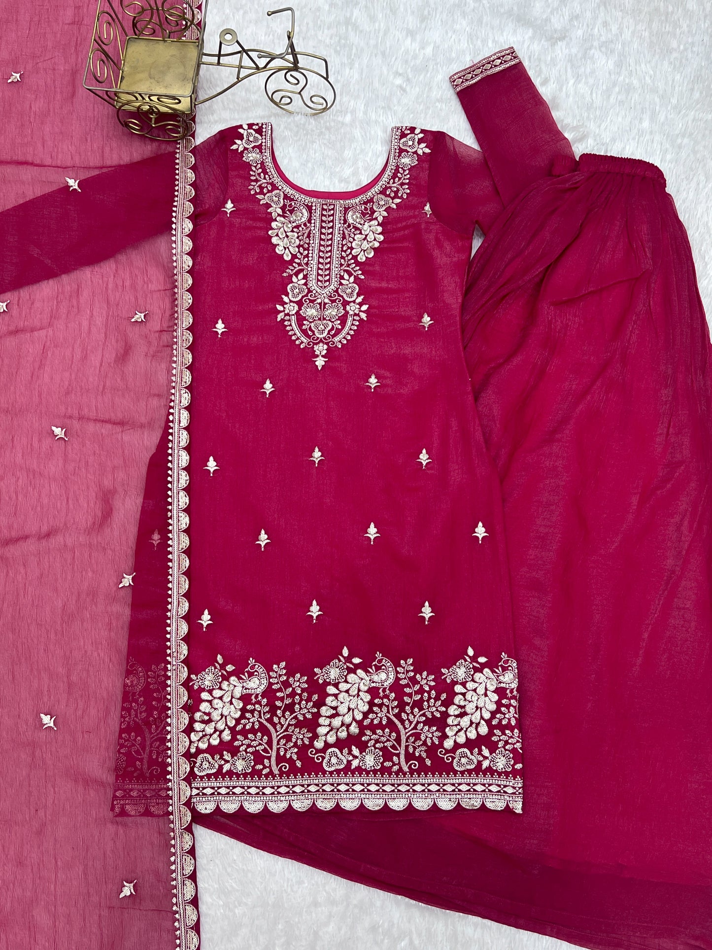 Wonderful Pink Zari Work Silk Reception Palazzo Suit