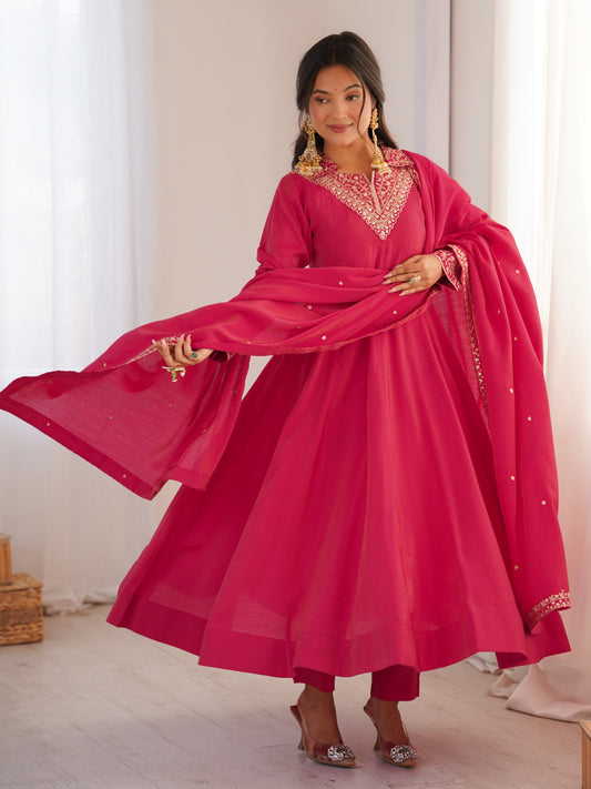 Pretty Pink Embroidered Roman Silk Festive Anarkali Suit
