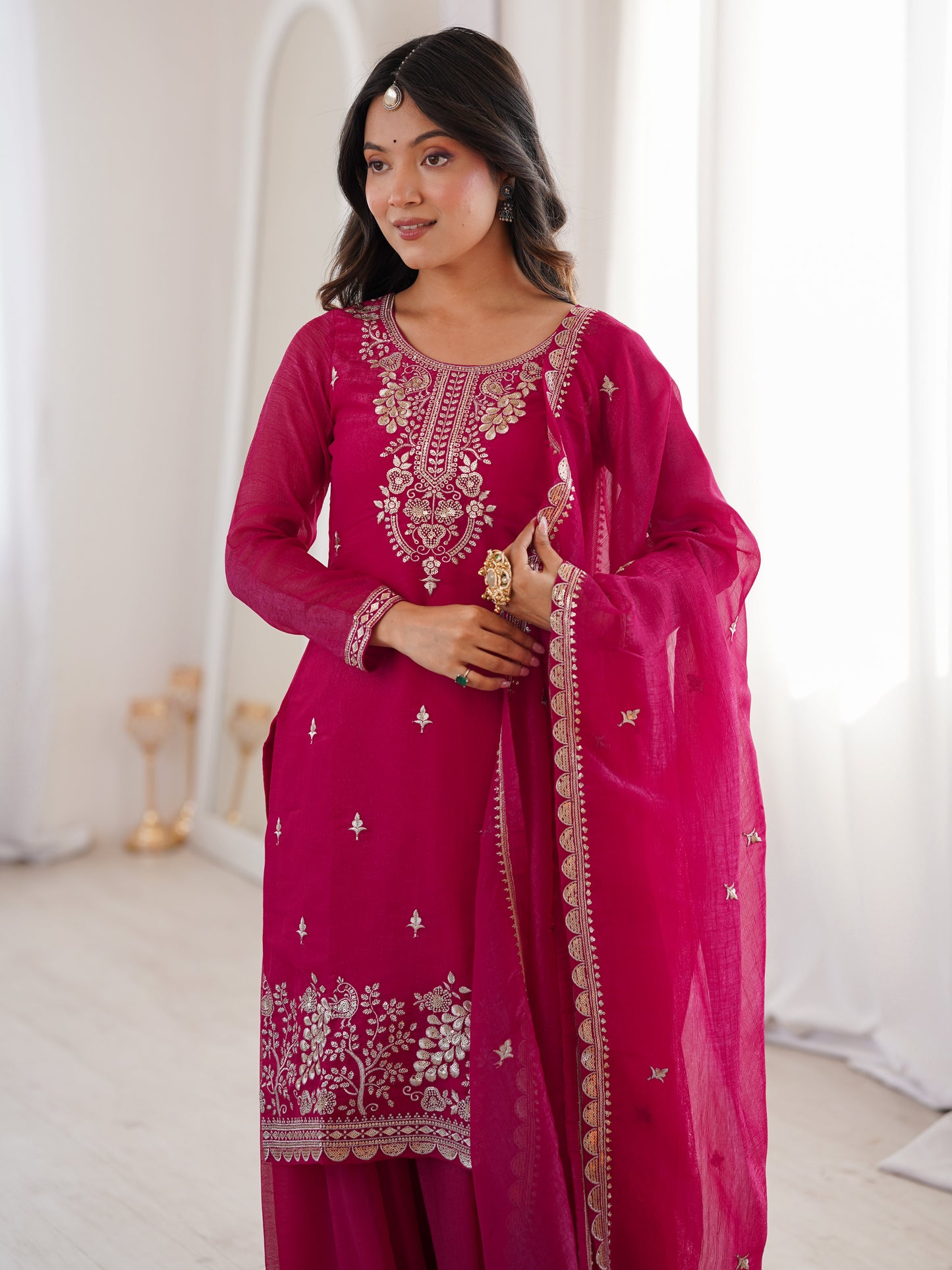 Wonderful Pink Zari Work Silk Reception Palazzo Suit