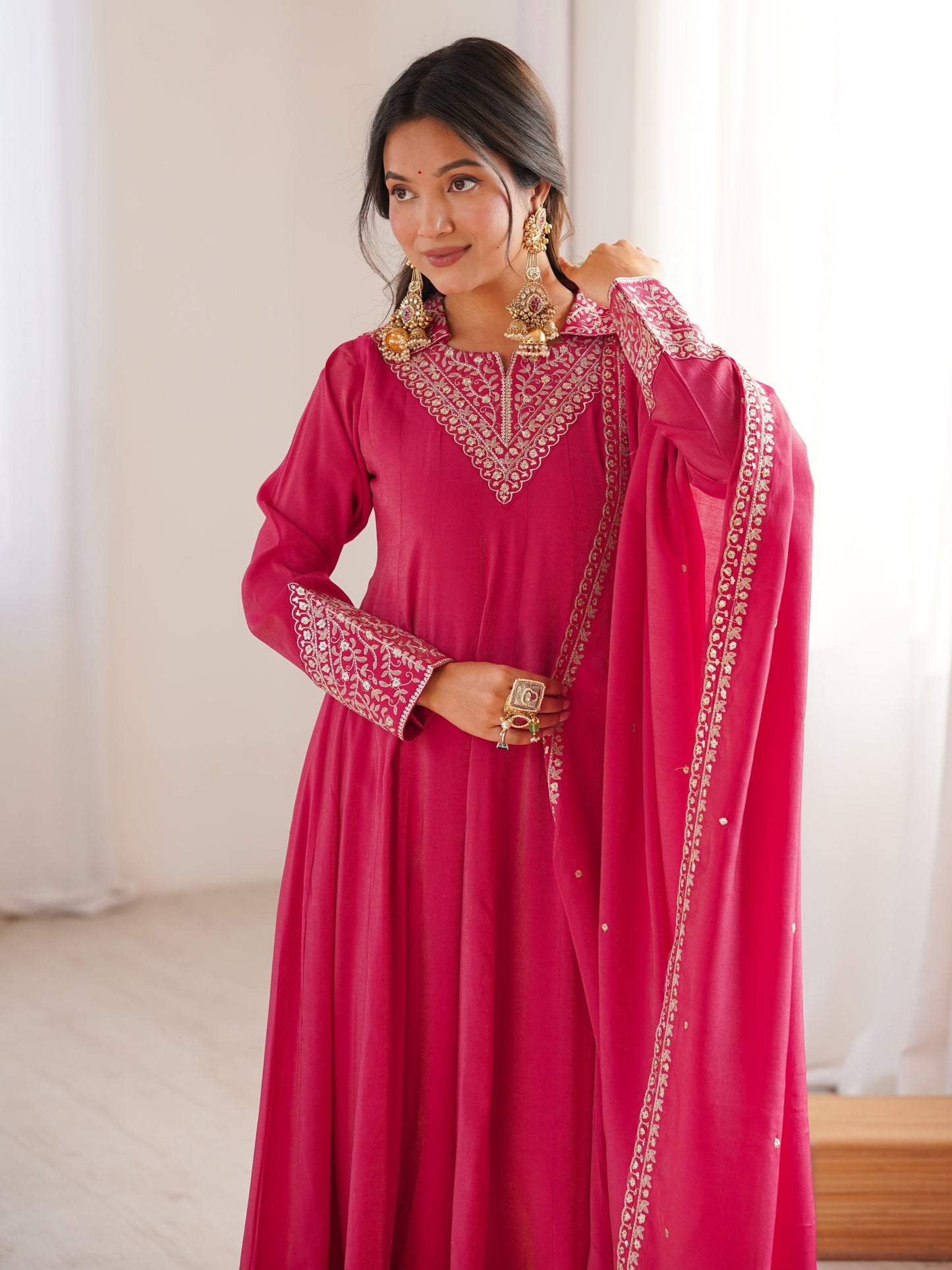 Pretty Pink Embroidered Roman Silk Festive Anarkali Suit