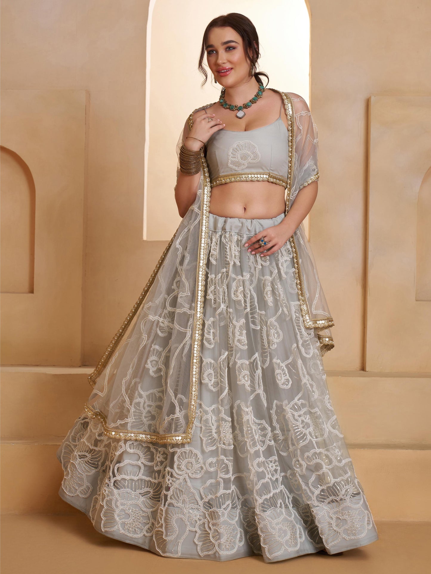 Attractive Grey Embroidered Net Reception Lehenga Choli