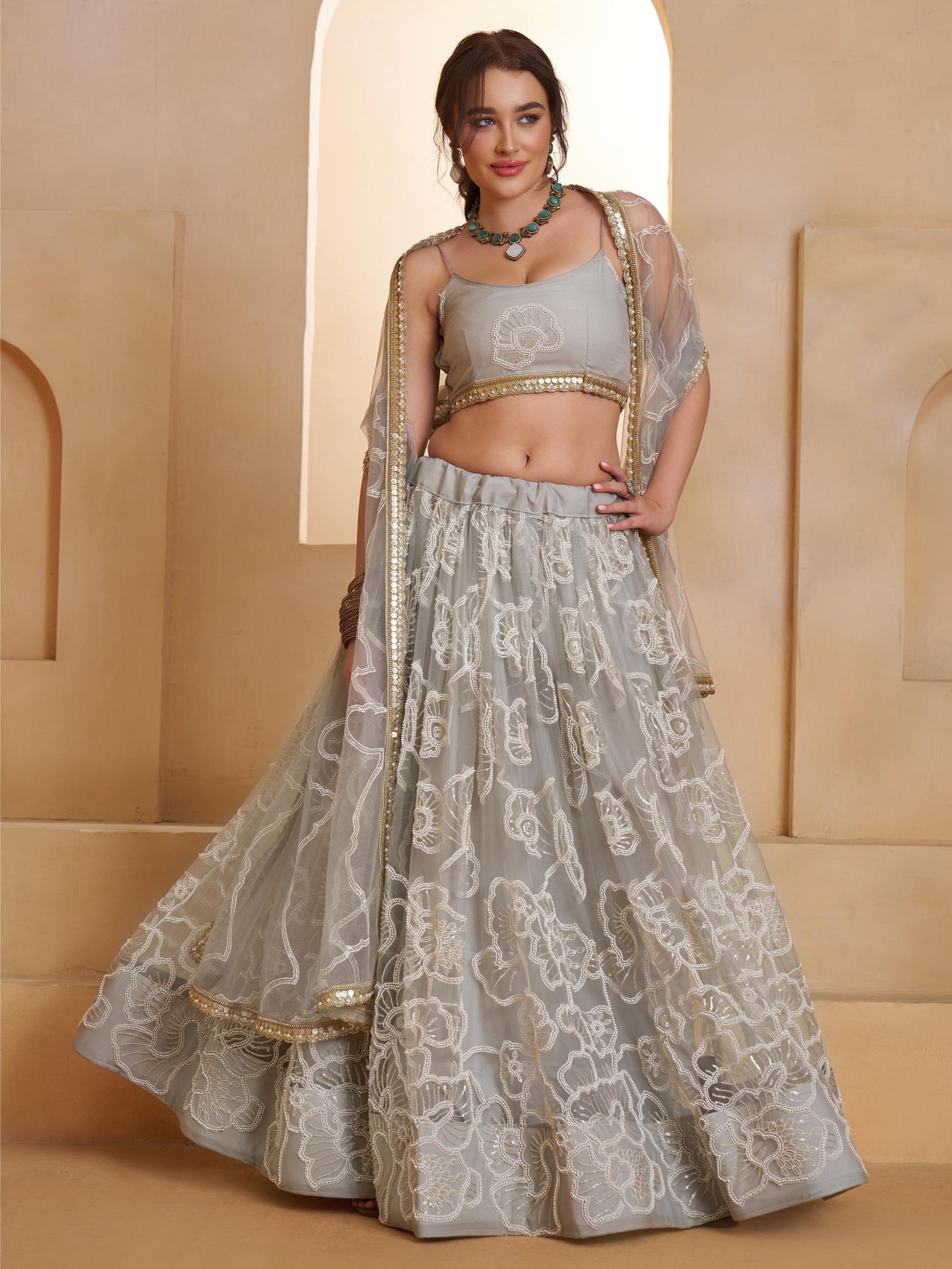 Attractive Grey Embroidered Net Reception Lehenga Choli
