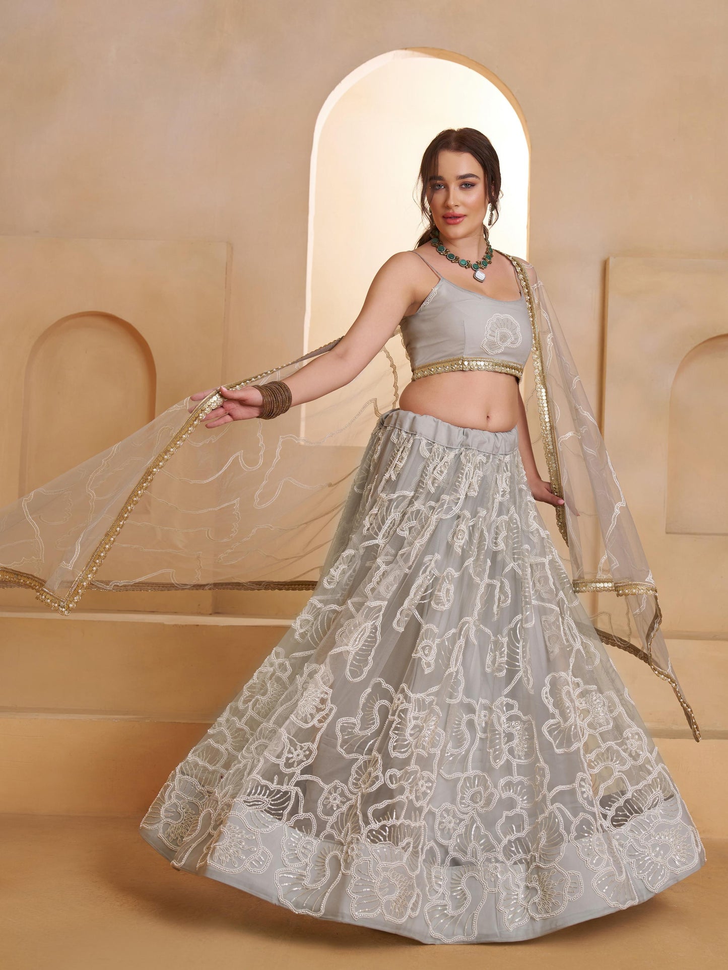 Attractive Grey Embroidered Net Reception Lehenga Choli