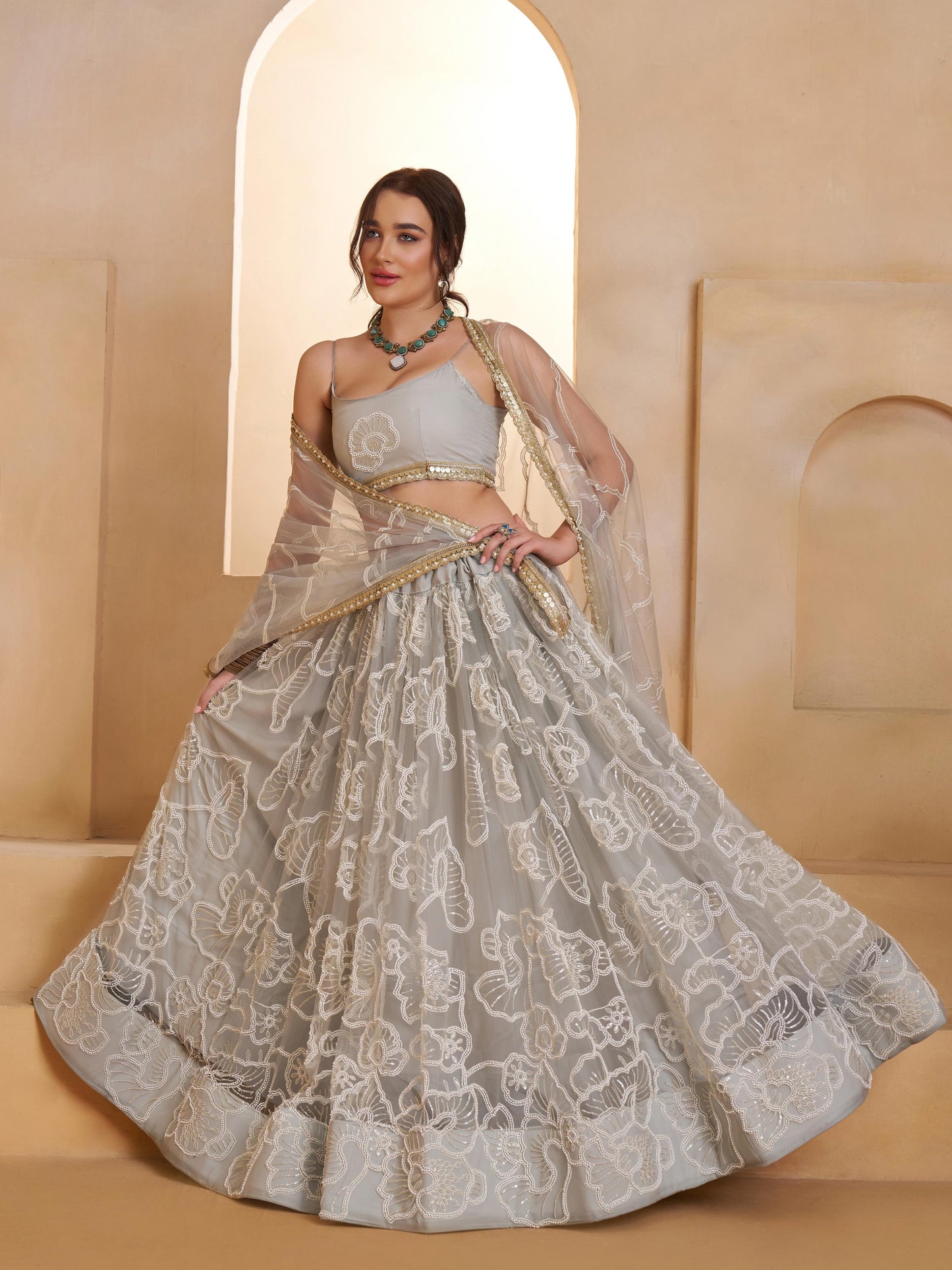 Attractive Grey Embroidered Net Reception Lehenga Choli