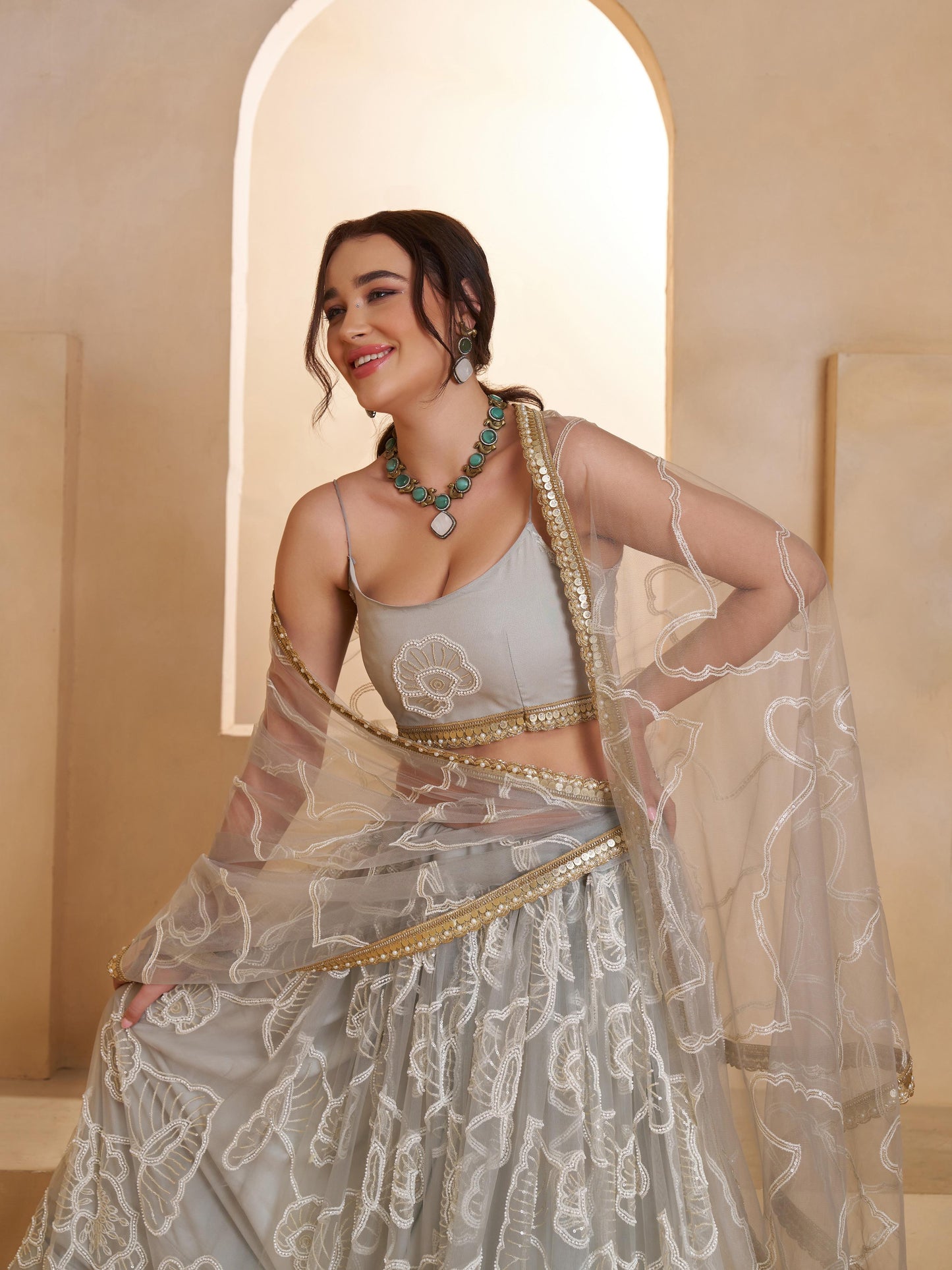 Attractive Grey Embroidered Net Reception Lehenga Choli