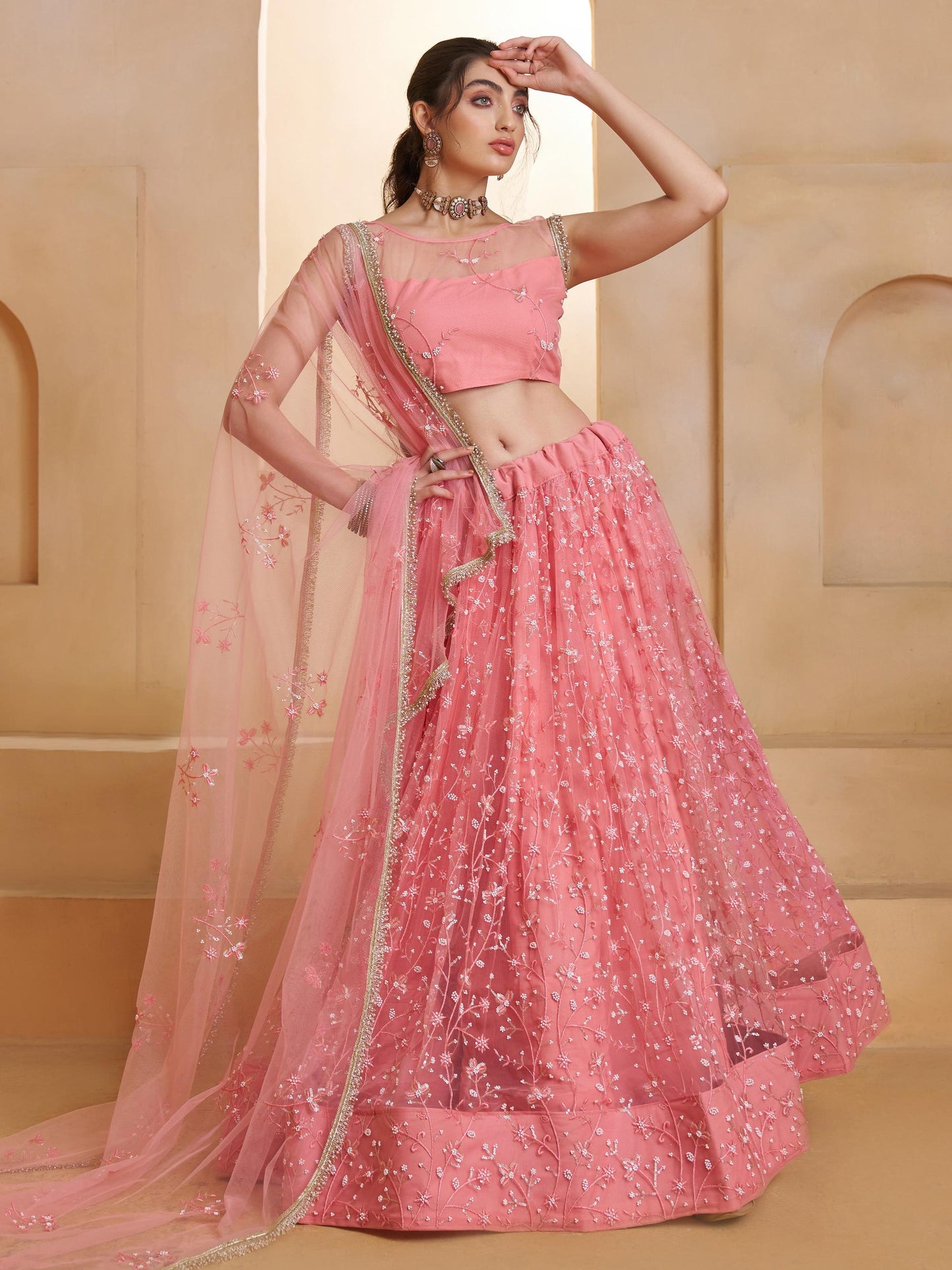Astonishing Pink Embroidered Net Bridesmaid Lehenga Choli
