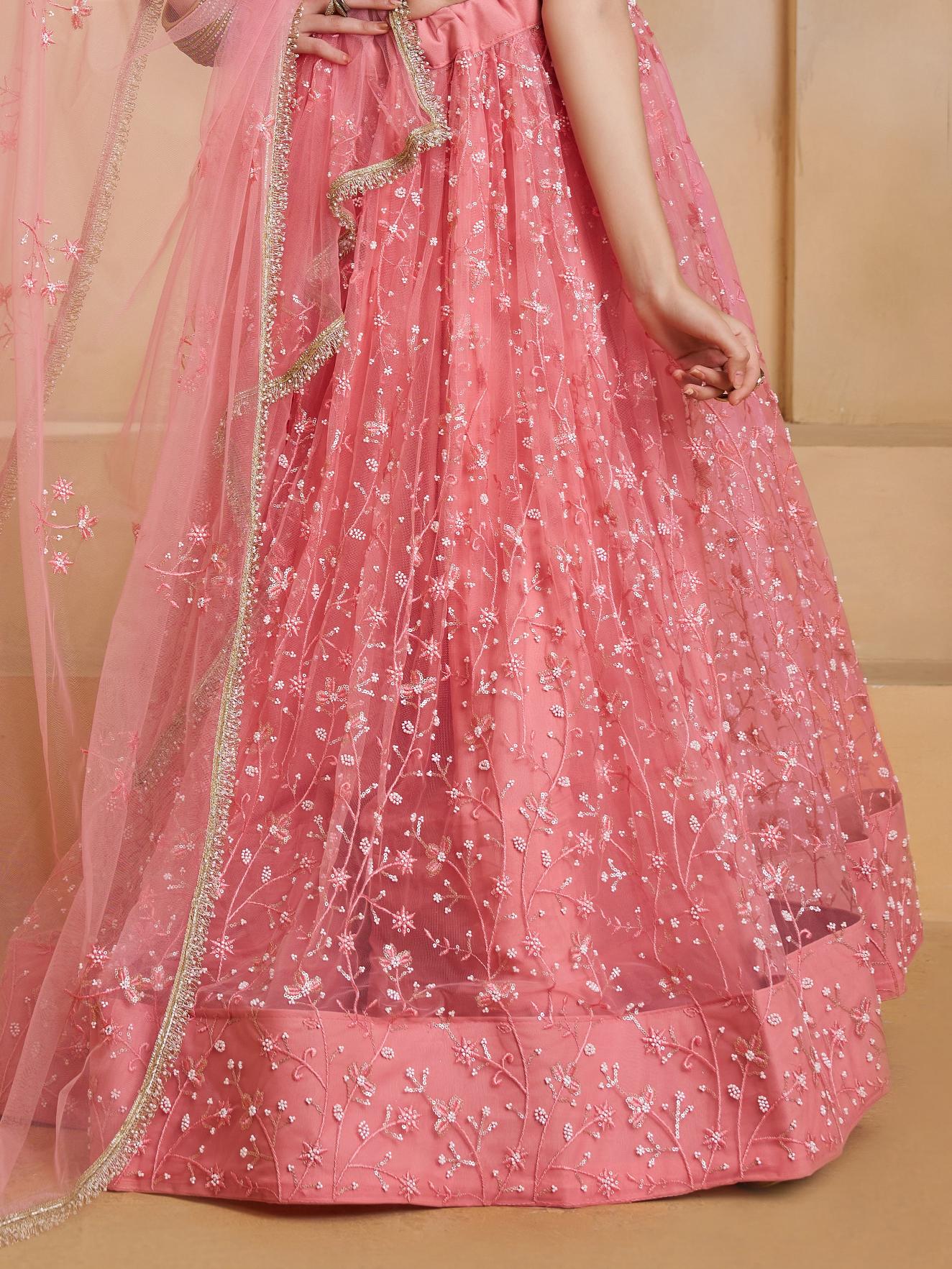 Astonishing Pink Embroidered Net Bridesmaid Lehenga Choli