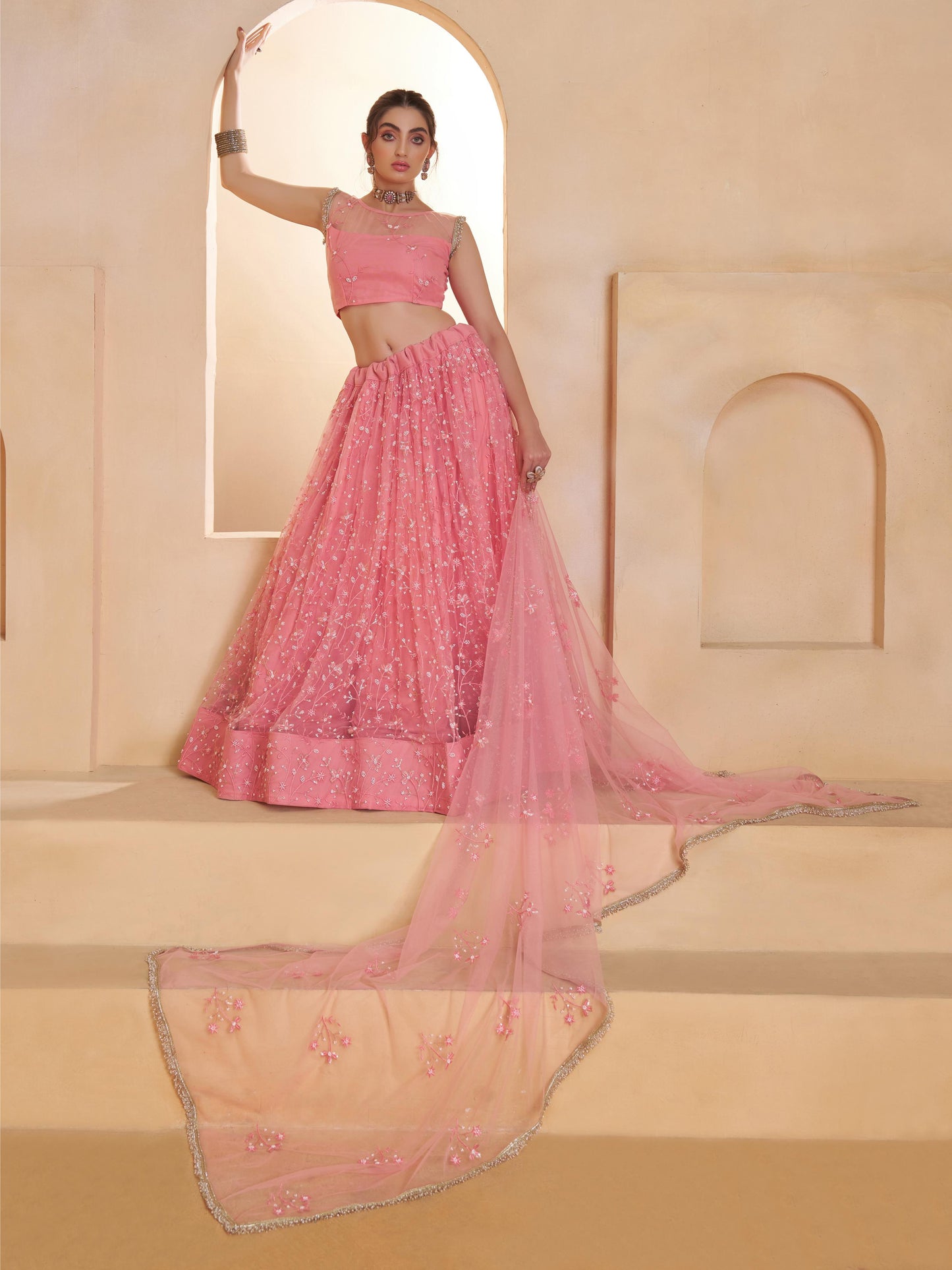 Astonishing Pink Embroidered Net Bridesmaid Lehenga Choli