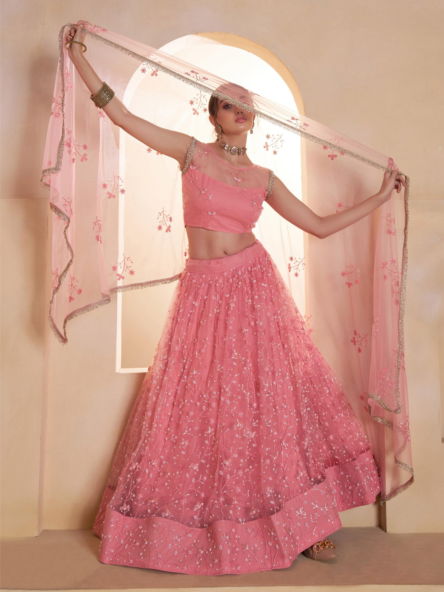 Astonishing Pink Embroidered Net Bridesmaid Lehenga Choli
