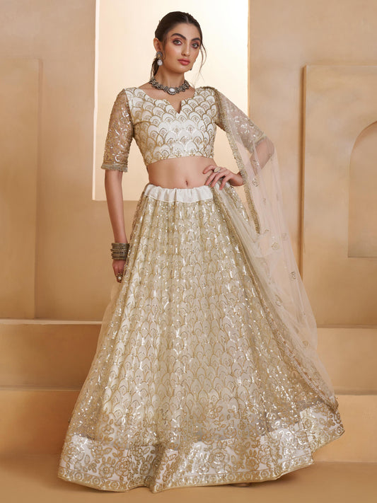 Spectacular Off-White Sequins Work Net Designer Lehenga Choli