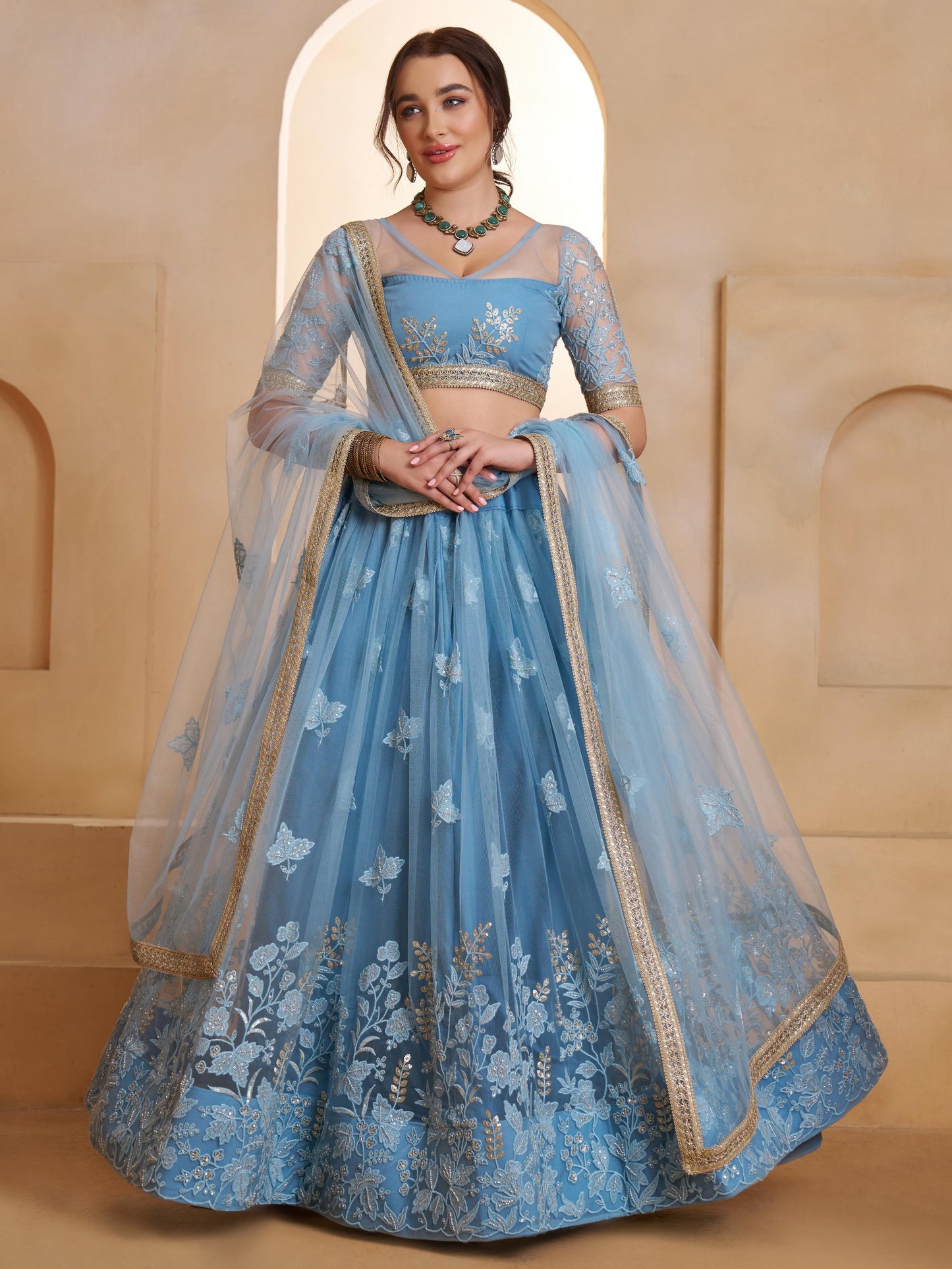 Princess Blue Embroidered Net Wedding Wear Lehenga Choli