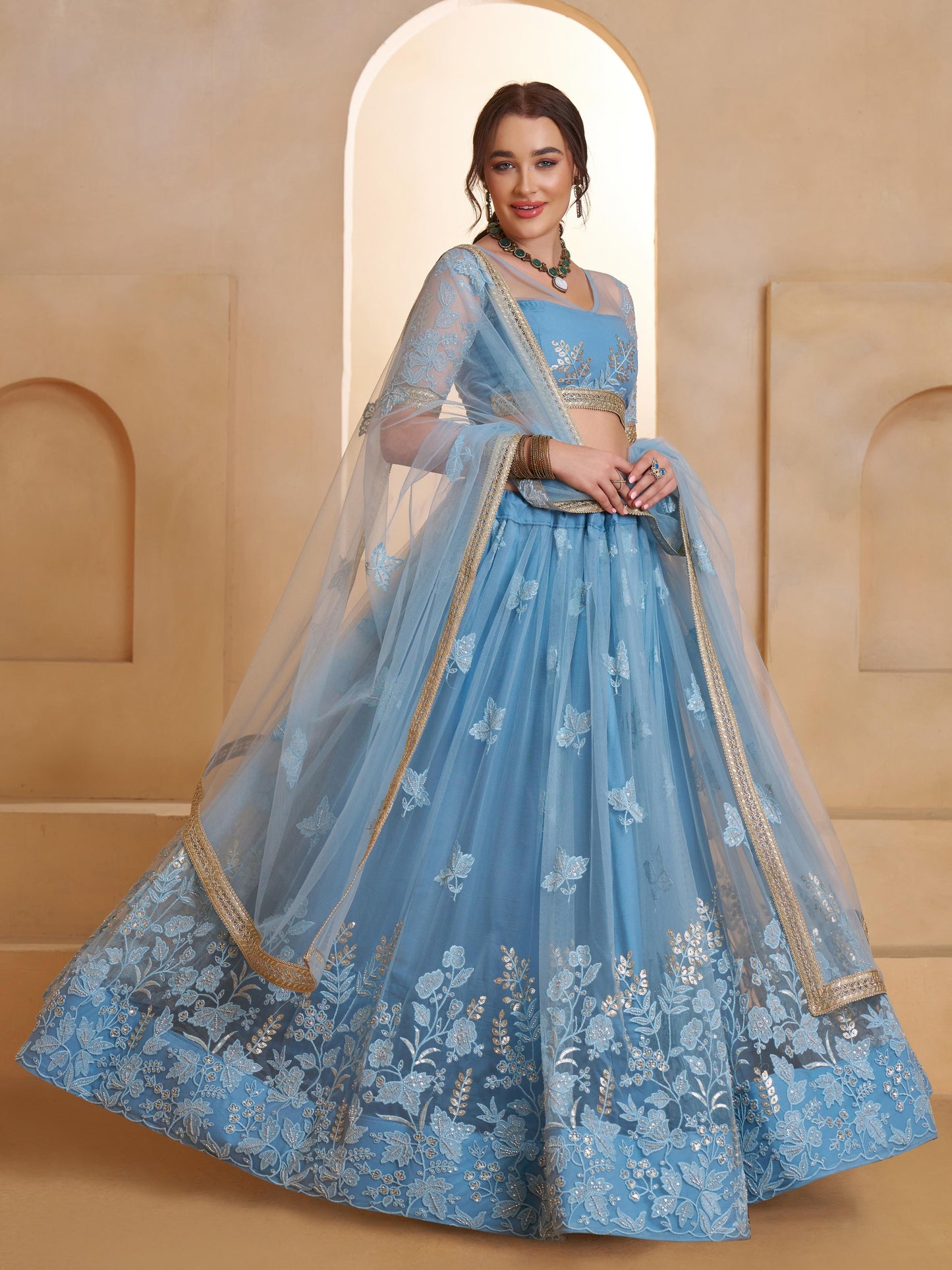 Princess Blue Embroidered Net Wedding Wear Lehenga Choli