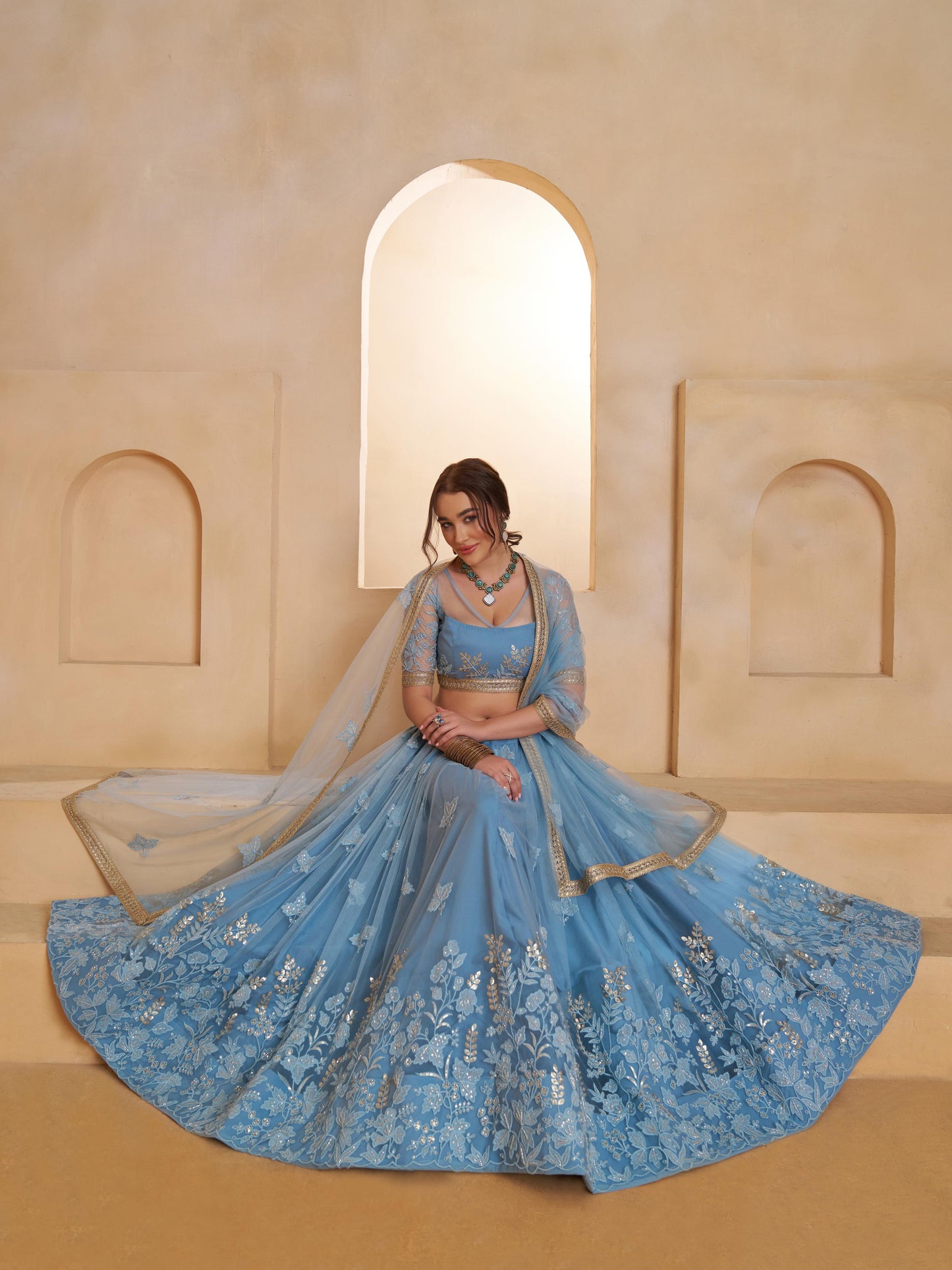Princess Blue Embroidered Net Wedding Wear Lehenga Choli