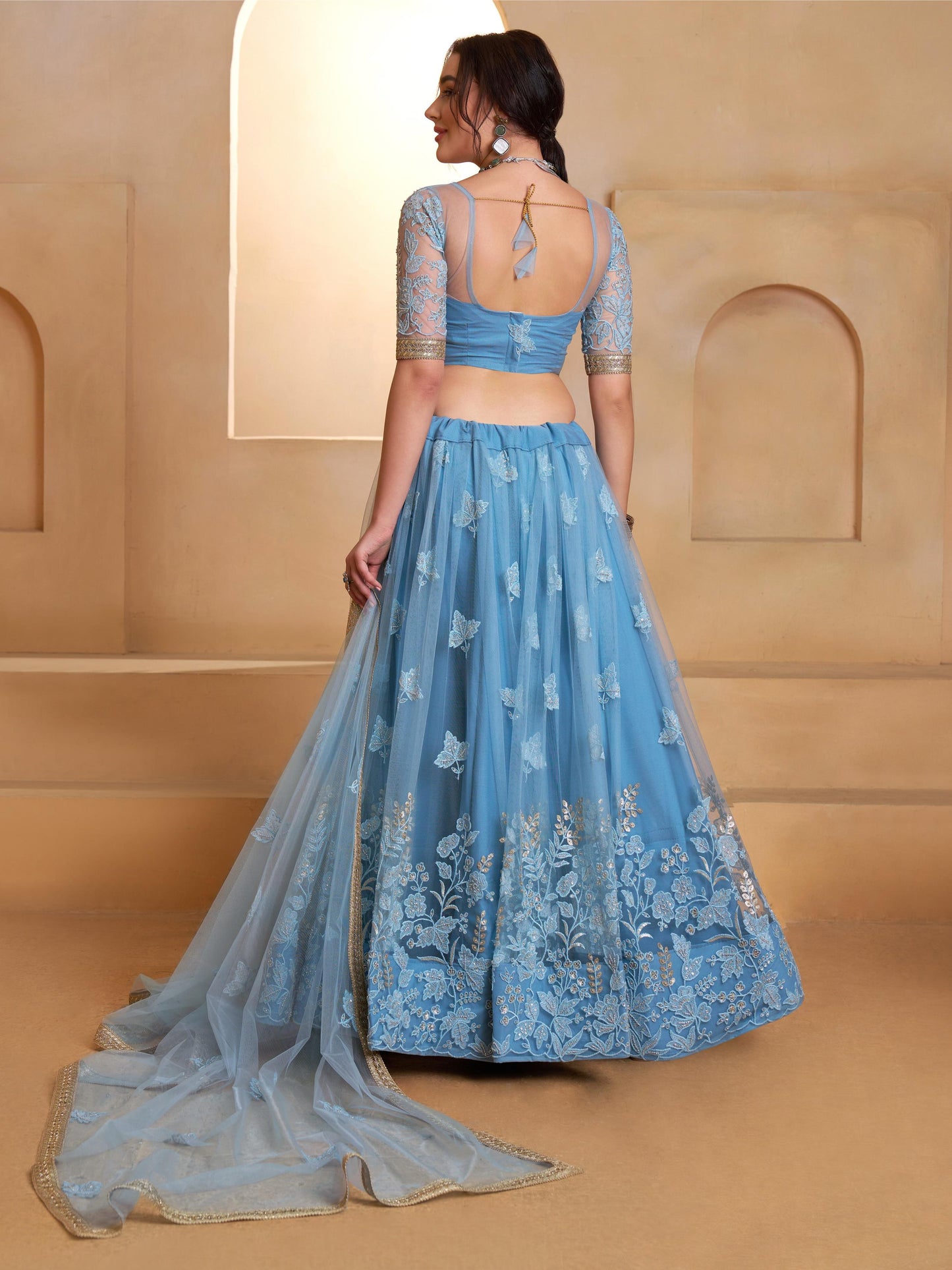 Princess Blue Embroidered Net Wedding Wear Lehenga Choli