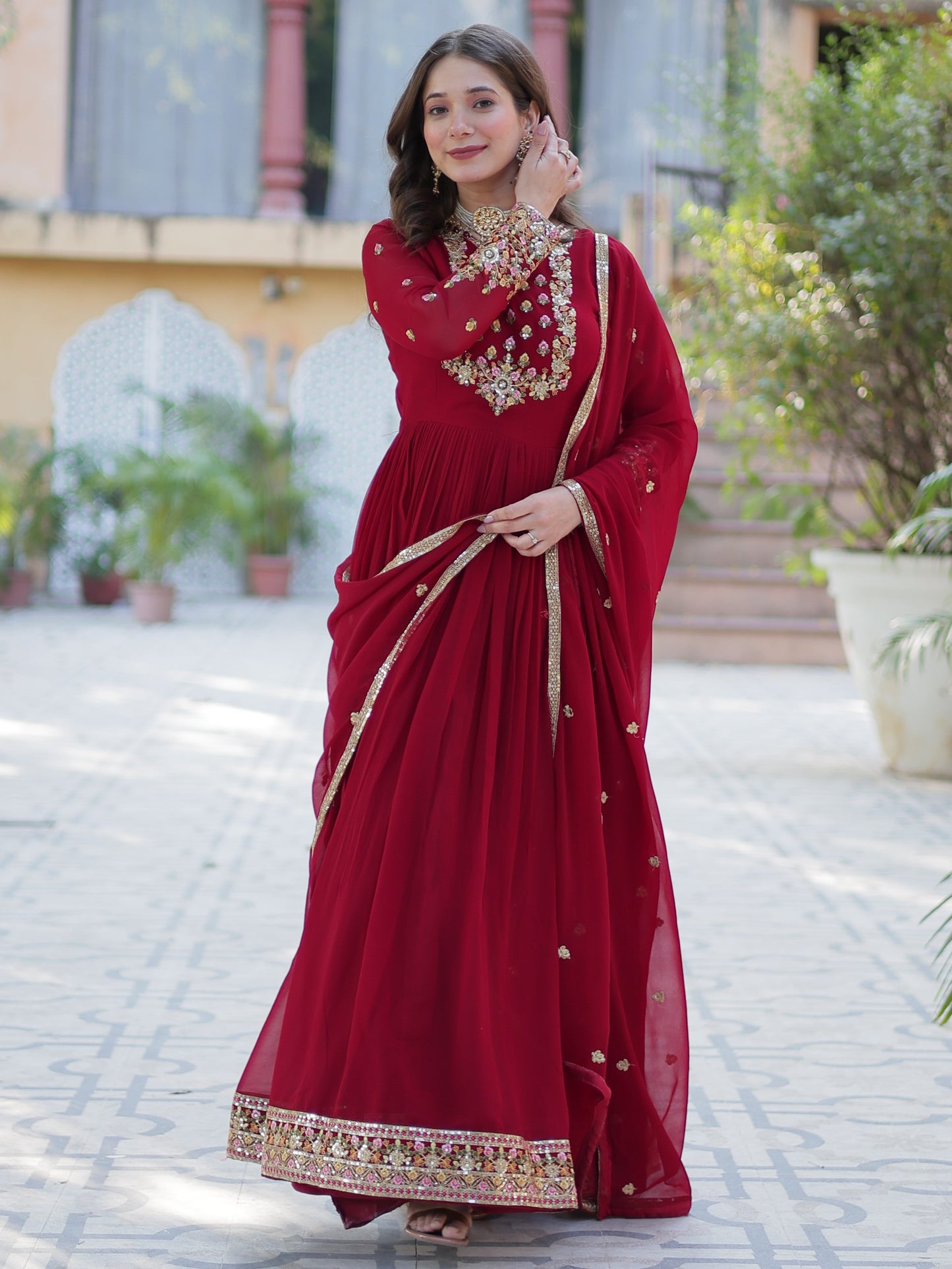 Glamorous Red Zari Work Georgette Wedding Wear Gown