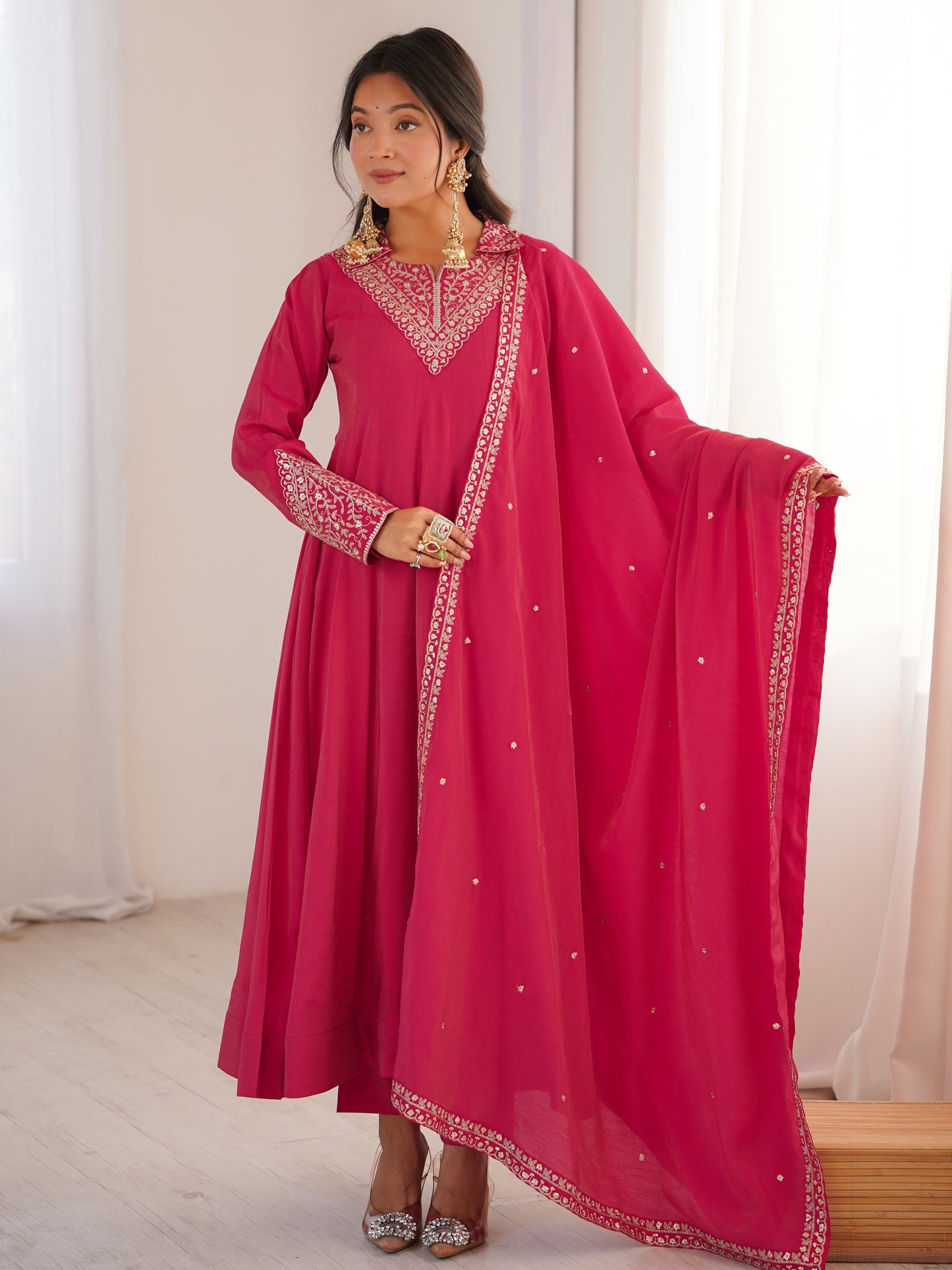 Pretty Pink Embroidered Roman Silk Festive Anarkali Suit