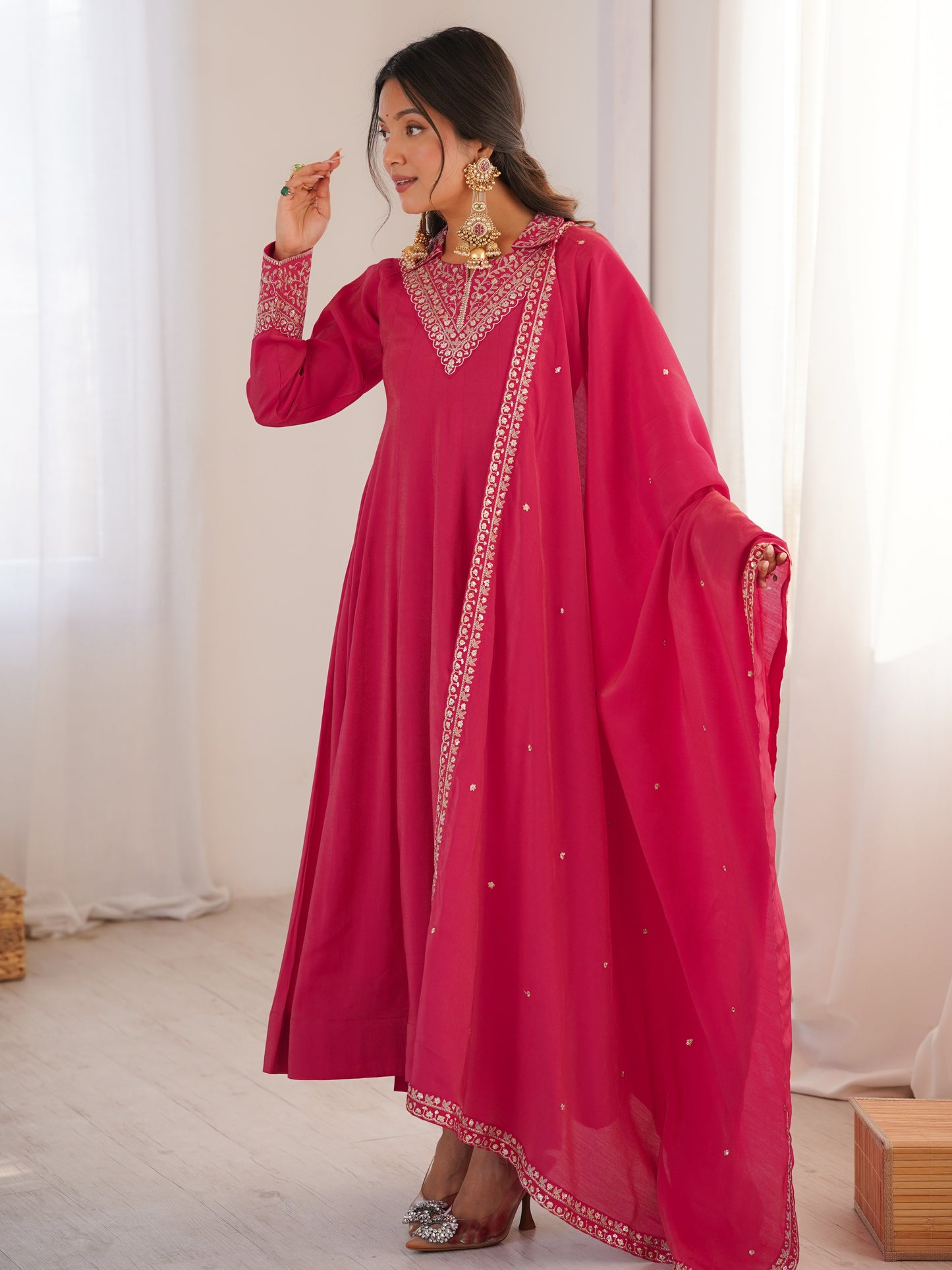 Pretty Pink Embroidered Roman Silk Festive Anarkali Suit