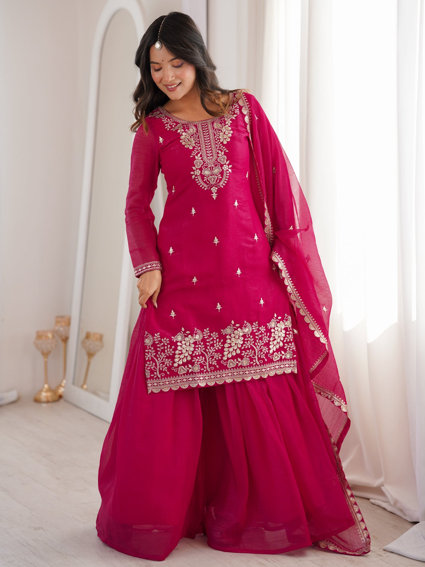 Wonderful Pink Zari Work Silk Reception Palazzo Suit