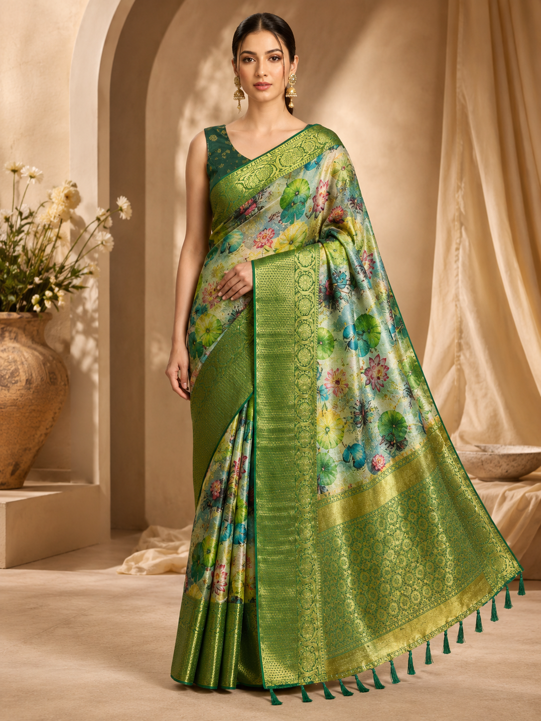 Adorable Green Floral Printed Silk Mehndi Wear Saree