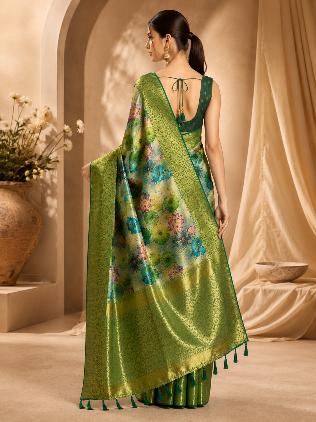 Adorable Green Floral Printed Silk Mehndi Wear Saree