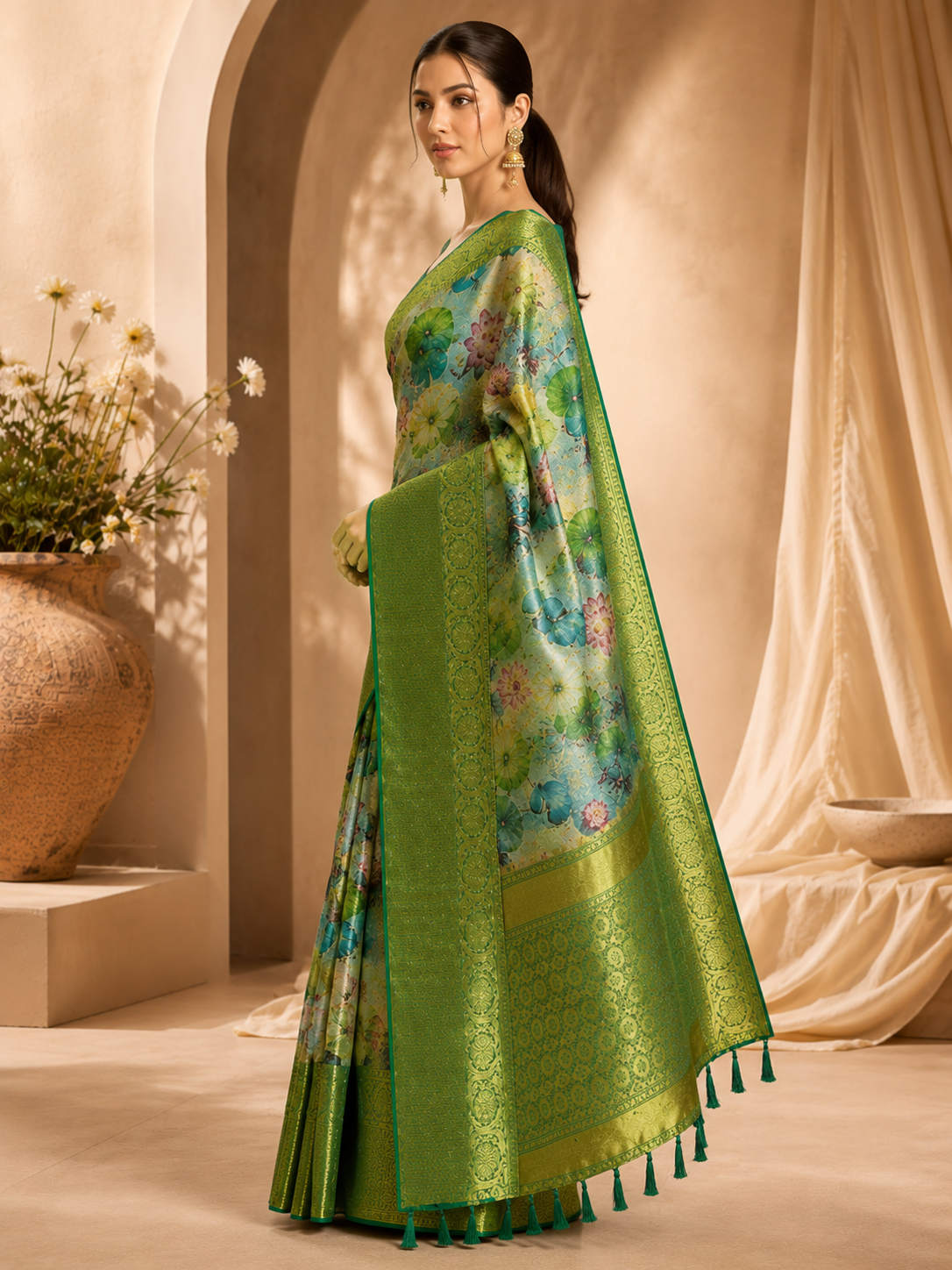 Adorable Green Floral Printed Silk Mehndi Wear Saree