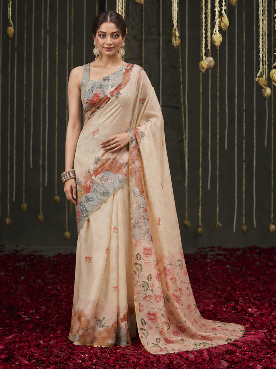 Impressive Beige Digital Printed Cotton Festival Saree