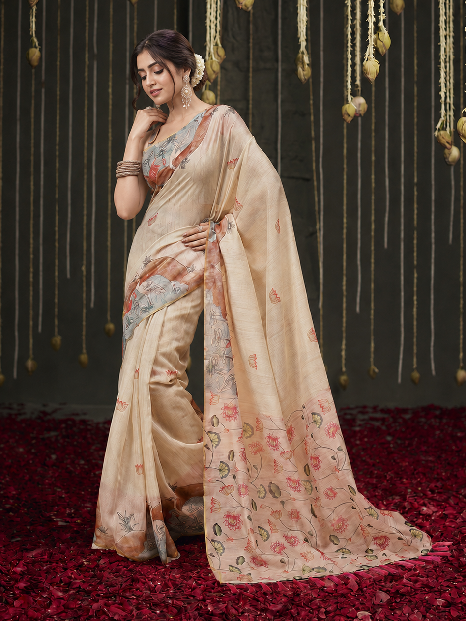 Impressive Beige Digital Printed Cotton Festival Saree