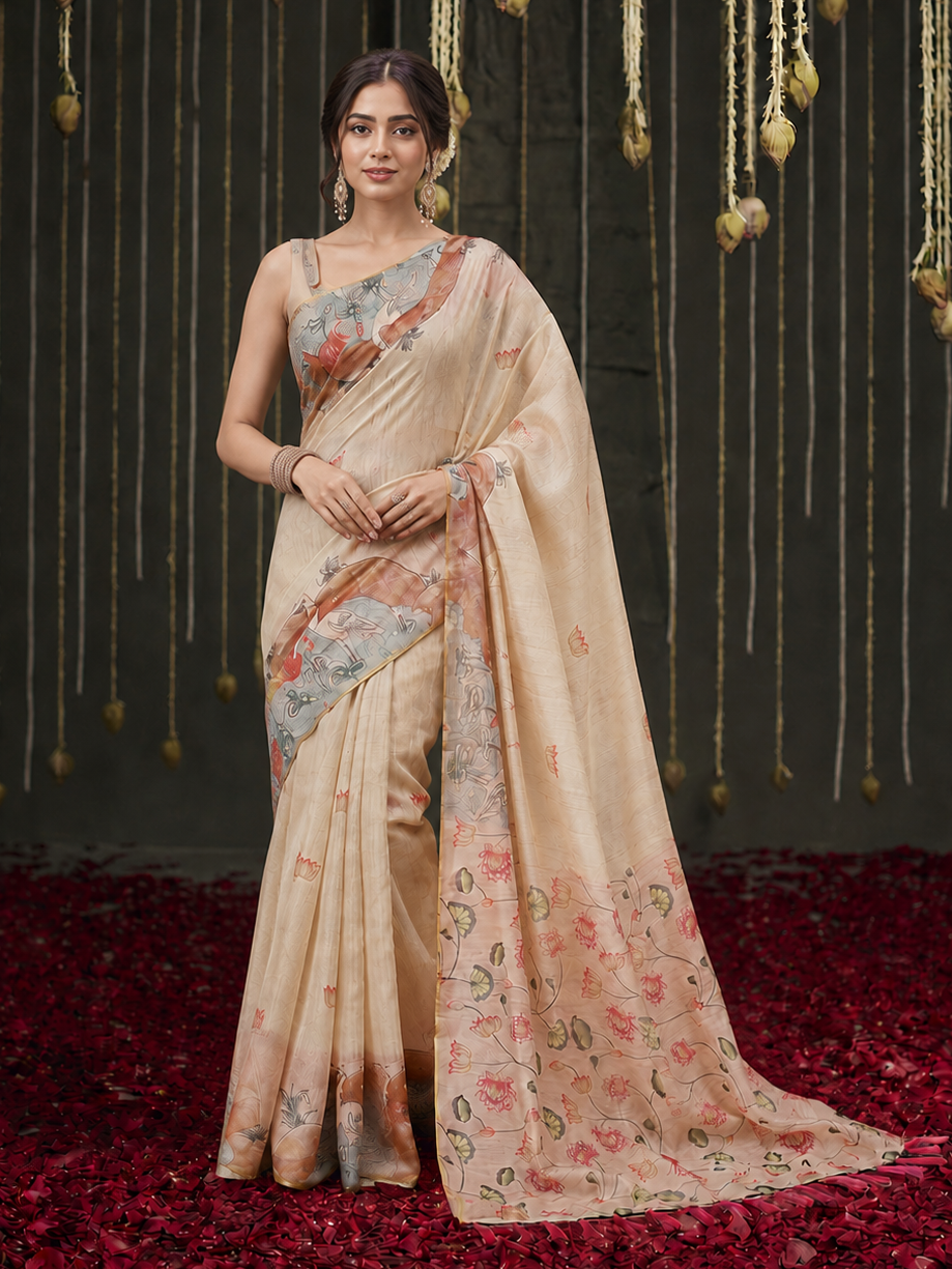 Impressive Beige Digital Printed Cotton Festival Saree