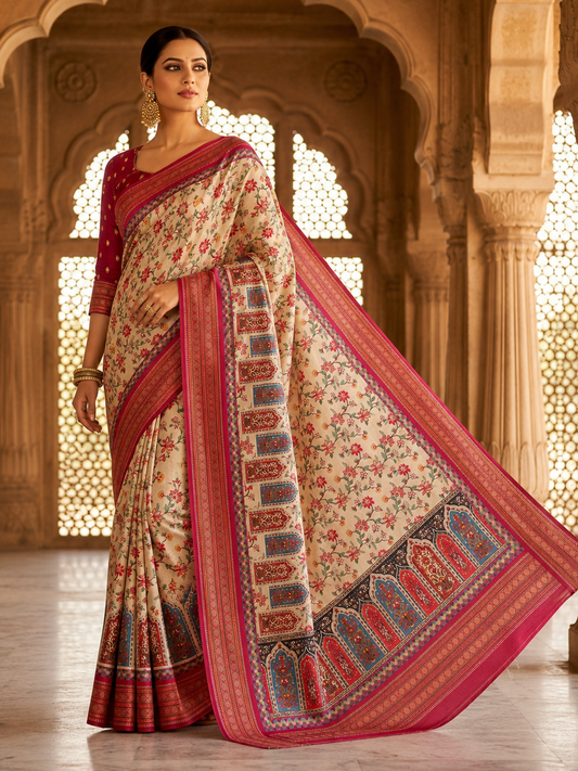 Enchanting Off-White Pashmina Printed Silk Wedding Saree