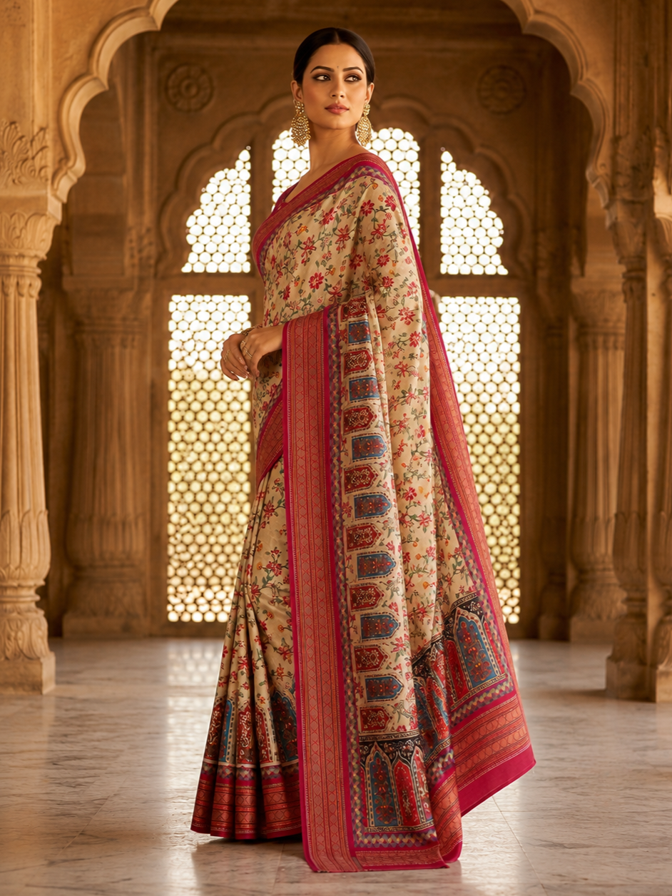 Enchanting Off-White Pashmina Printed Silk Wedding Saree