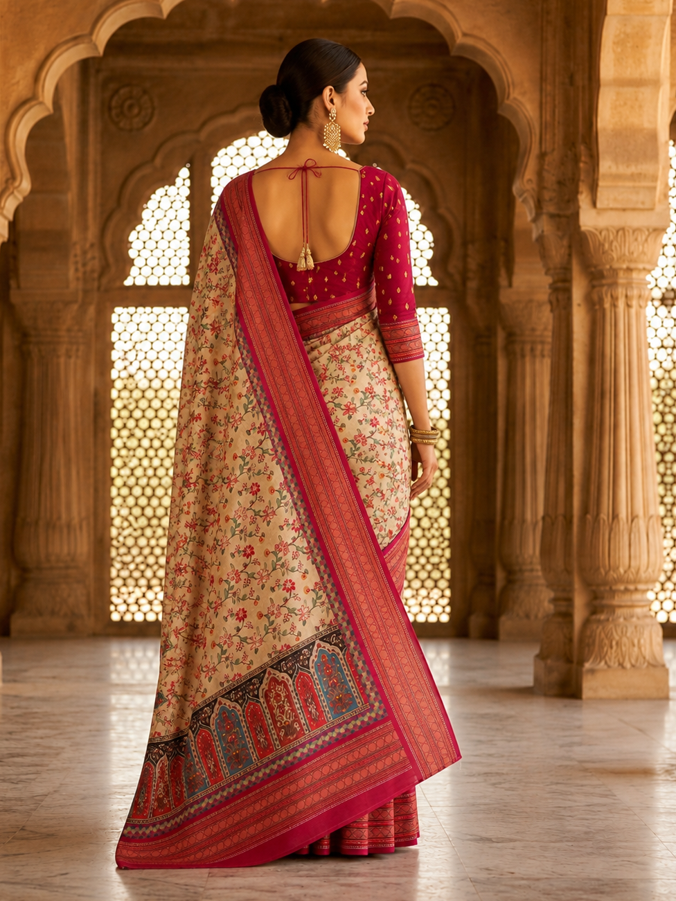 Enchanting Off-White Pashmina Printed Silk Wedding Saree