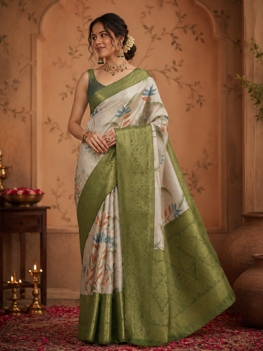 Adorable Off-White Zari Weaving Tissue Silk Reception Wear Saree